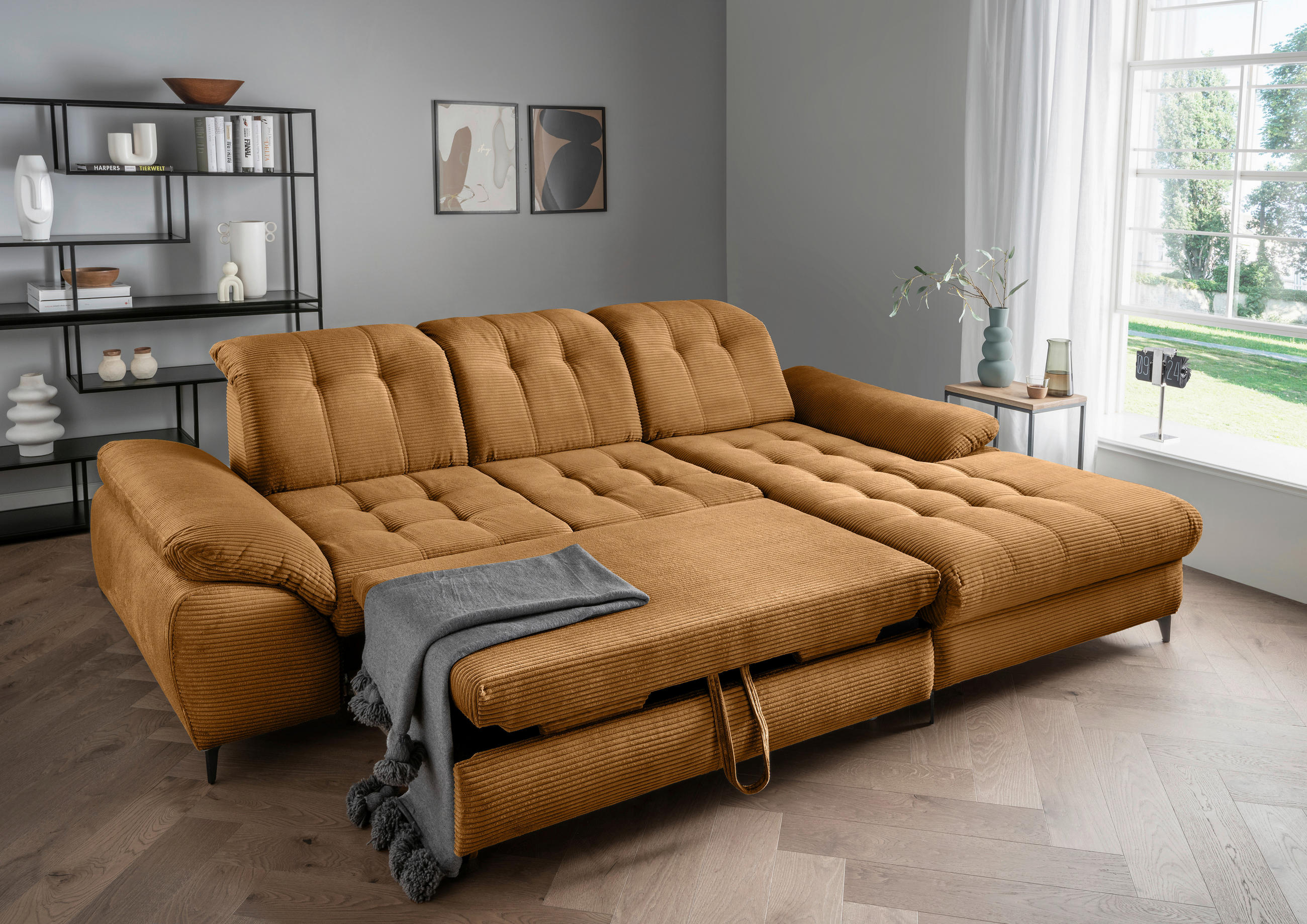 ECKSCHLAFSOFA Cord Goldfarben  - Goldfarben/Schwarz, MODERN, Textil/Metall (273/189cm) - Livetastic