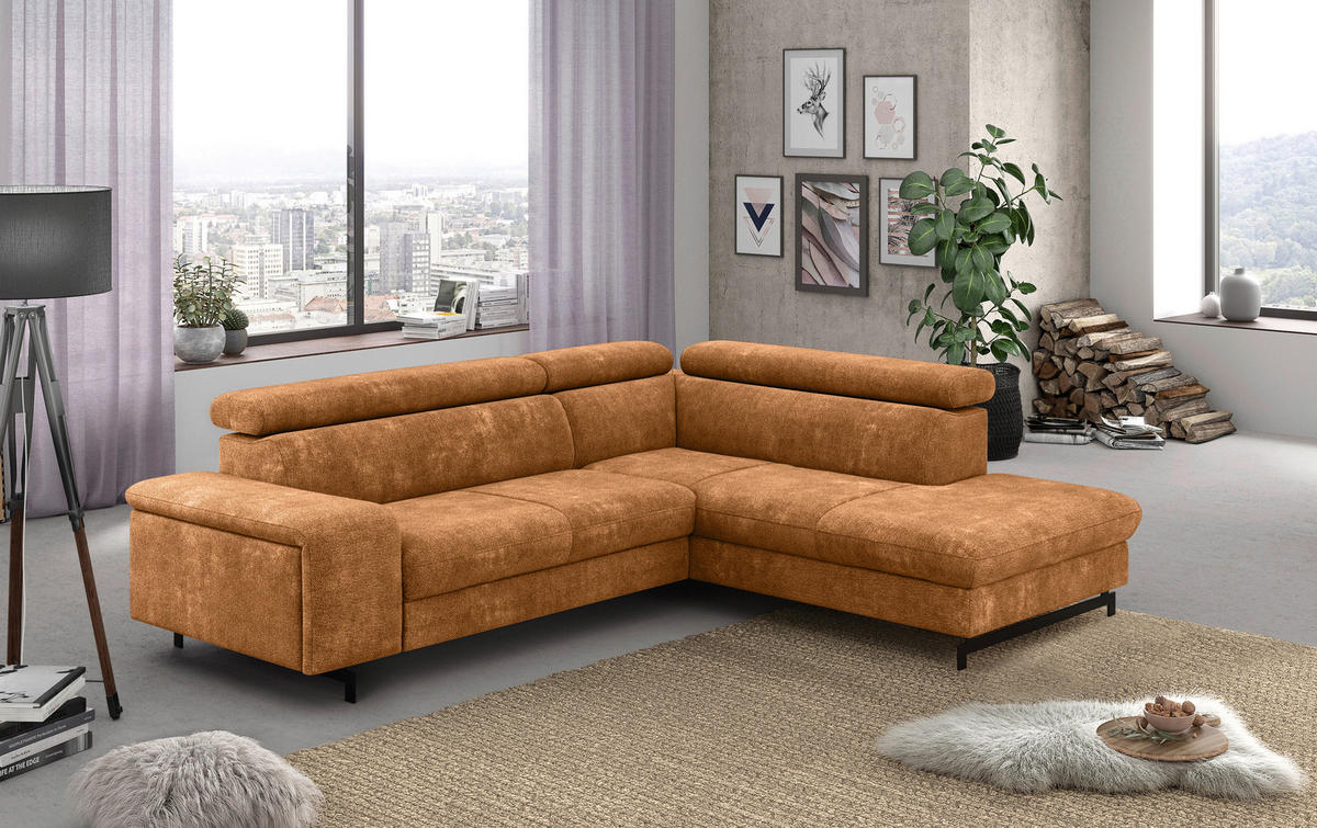 ECKSOFA Cognac Chenille  - Cognac/Schwarz, Textil/Metall (262/215cm) - MID.YOU