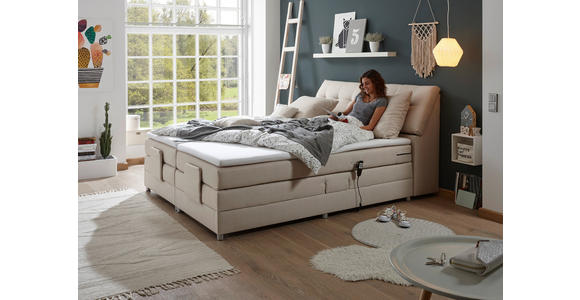 BOXSPRINGBETT 180/200 cm,  in Creme, Matratze, Bettkasten, Topper, motorische Verstellbarkeit, H2 = mittel  - Silberfarben/Creme, Design, Kunststoff/Textil (180/200cm) - Esposa