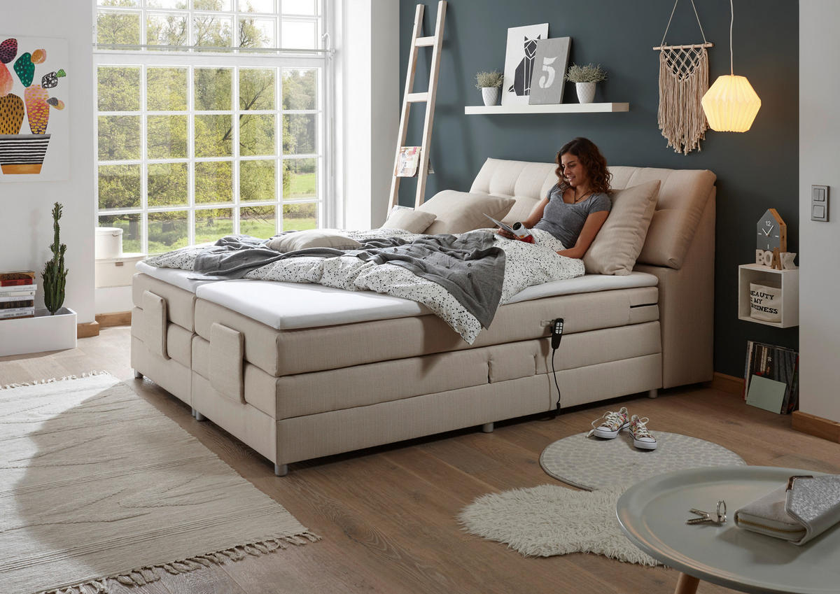 BOXSPRINGBETT 180/200 cm,  in Creme, Matratze, Bettkasten, Topper, motorische Verstellbarkeit, H2 = mittel  - Silberfarben/Creme, Design, Kunststoff/Textil (180/200cm) - Esposa