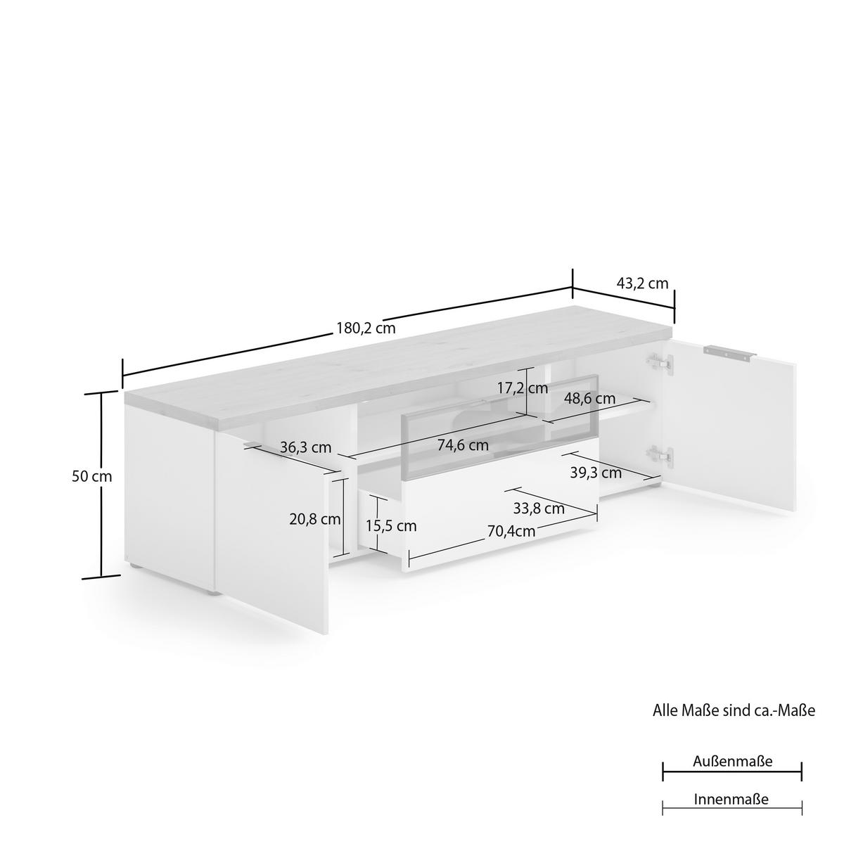 LOWBOARD  in 180/50/43 cm  - Weiss/Eichefarben, Design, Glas/Holzwerkstoff (180/50/43cm) - Stylife