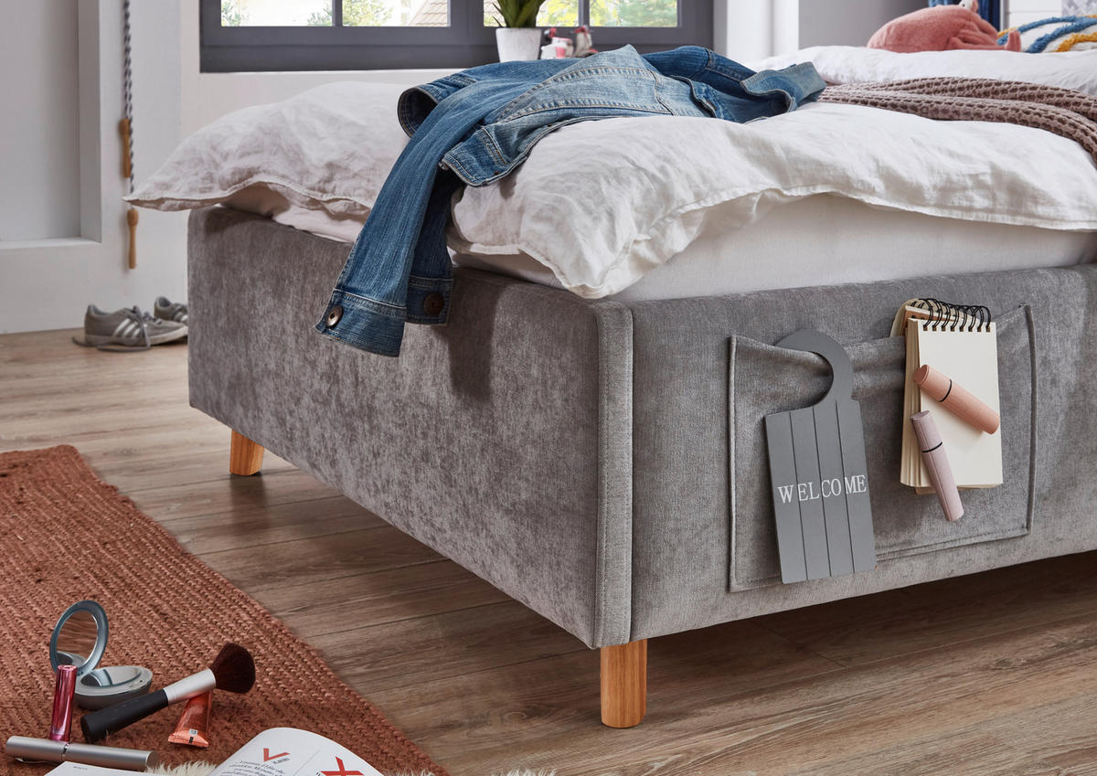 POLSTERBETT 120/200 cm,  in Grau, Eichefarben, Lattenrost, Bettkasten, Betttasche,  - Eichefarben/Birkefarben, KONVENTIONELL, Holz/Textil (120/200cm) - Boxxx
