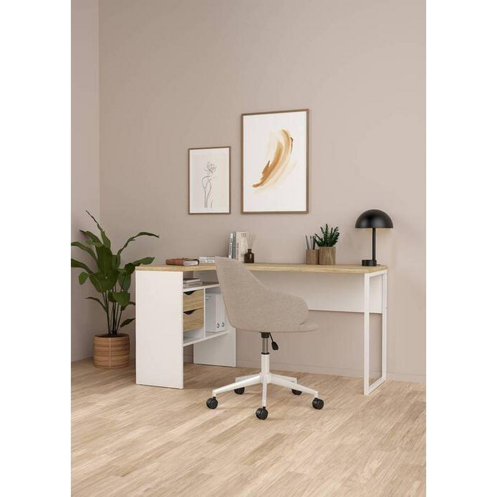 Thumbnail - Mid.you Eckschreibtisch, Weiß, Eiche, Holzwerkstoff, Holzoptik, 2 Schubladen, rechteckig, Kufe, 81x76.8x145.1 cm, Arbeit...