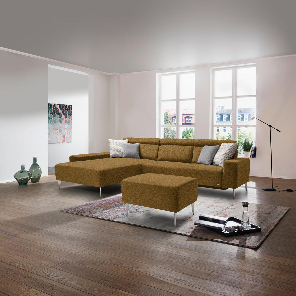 ECKSOFA  in Mikrovelours Senfgelb  205/308 cm  - Senfgelb/Alufarben, Design, Textil/Metall (205/308cm) - Sedda