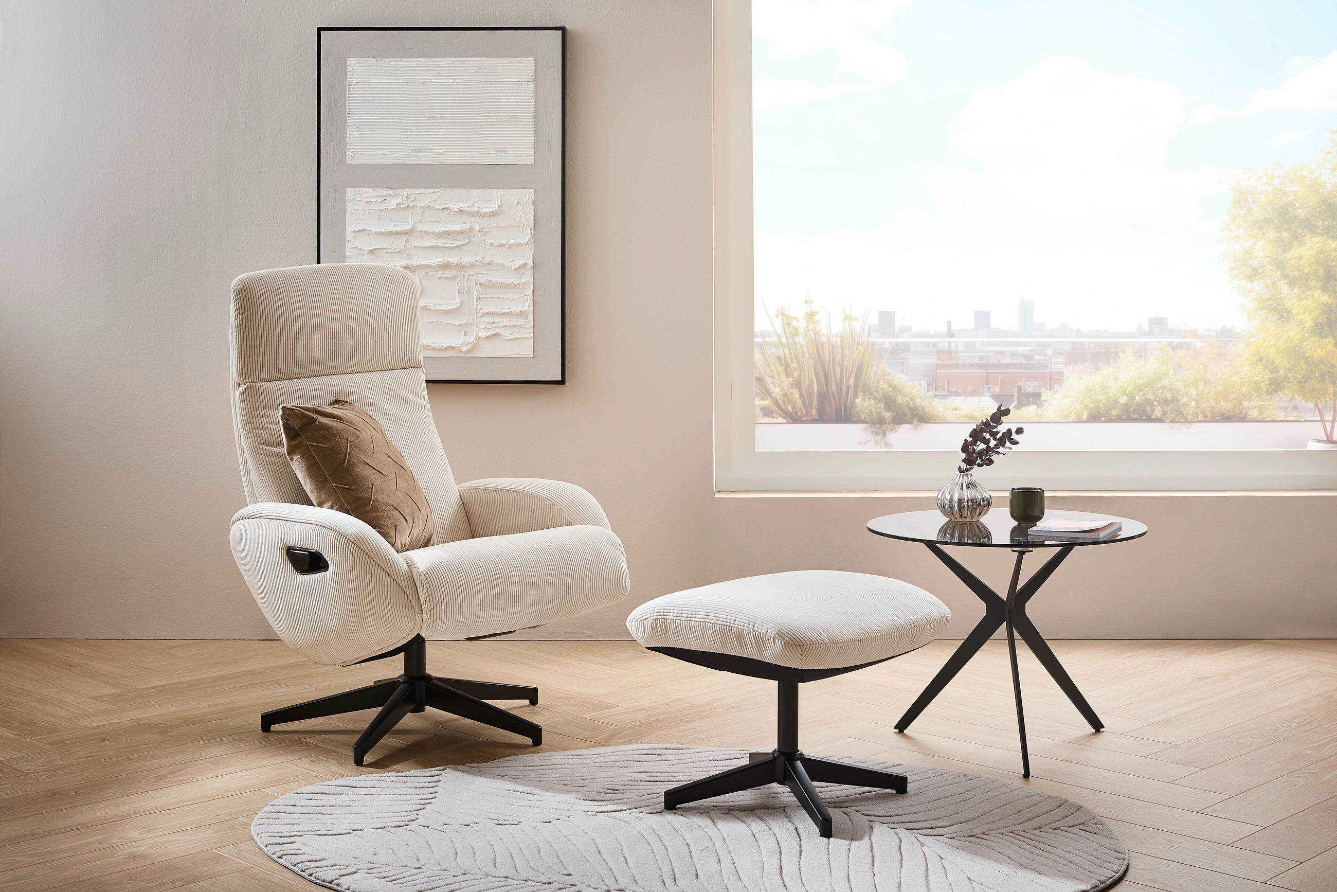 RELAXSESSELSET Cord Relaxfunktion, Hocker    - Beige/Schwarz, Design, Textil/Metall (77/107/75cm) - Xora