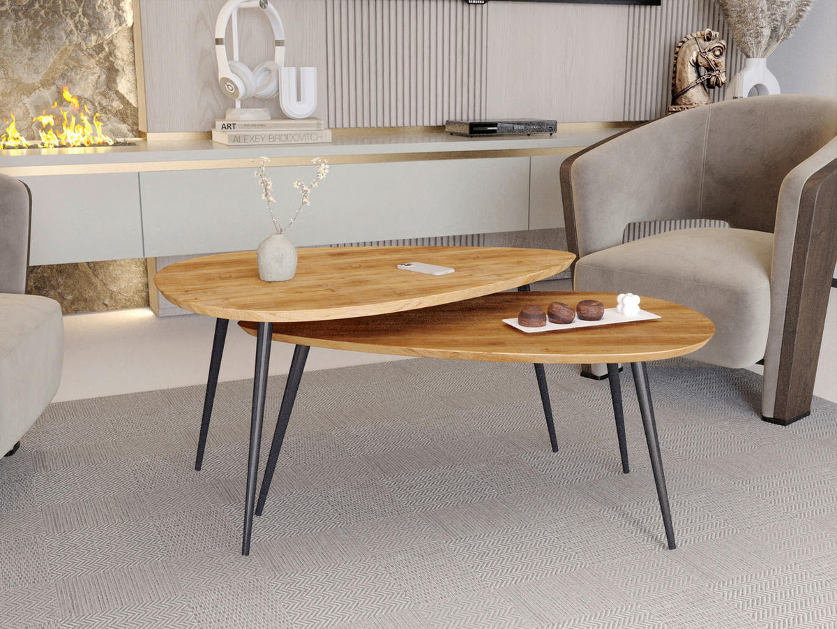 COUCHTISCHSET Wildeiche massiv 90/50-60/43-48 cm Freiform Schwarz, Wildeiche  - Wildeiche/Schwarz, Trend, Holz/Metall (90/50-60/43-48cm) - Boxxx