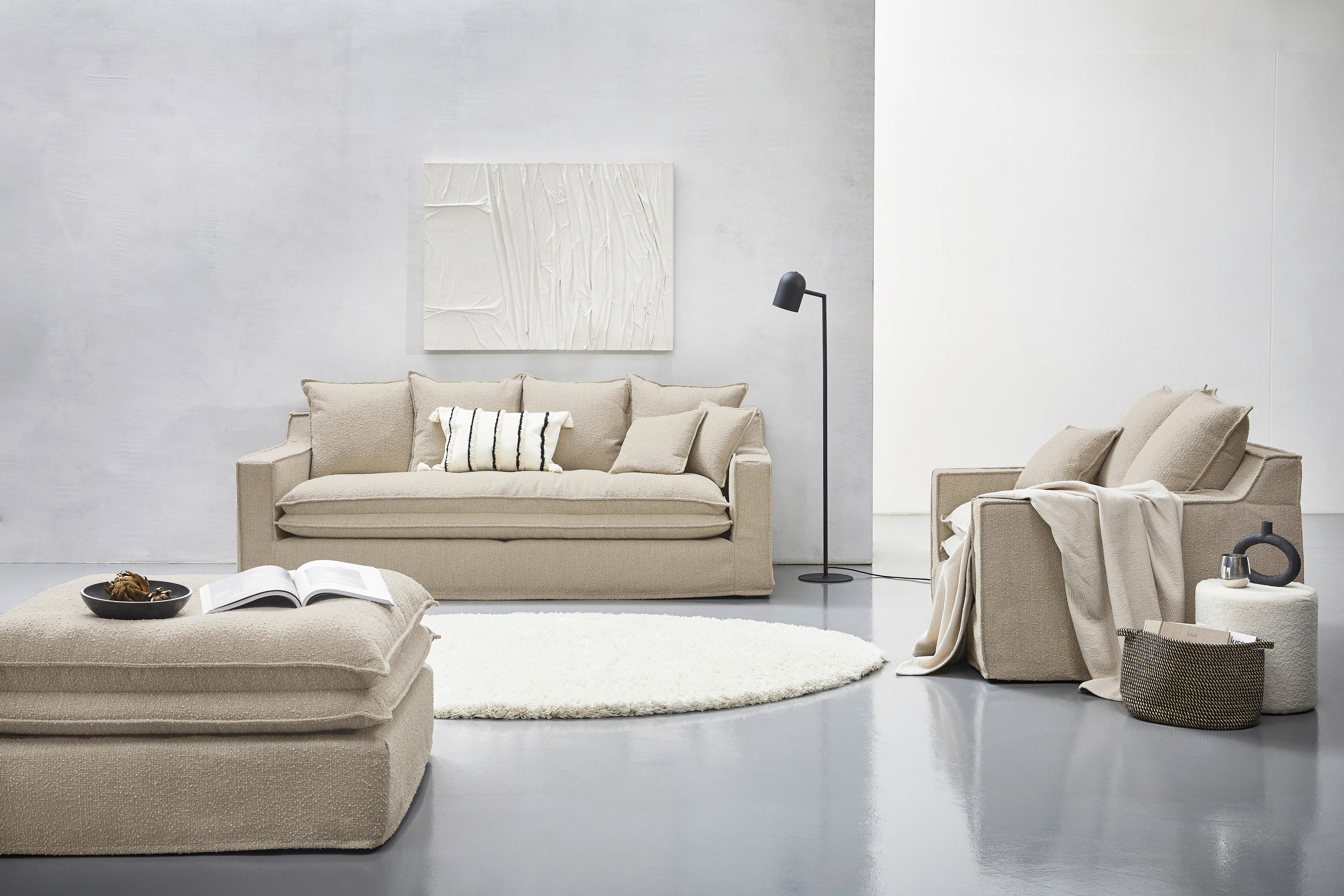 DREISITZER-SOFA in Flachgewebe, Bouclé Beige - Beige/Schwarz, Trend, Kunststoff/Textil (227/92/105cm) - Livetastic