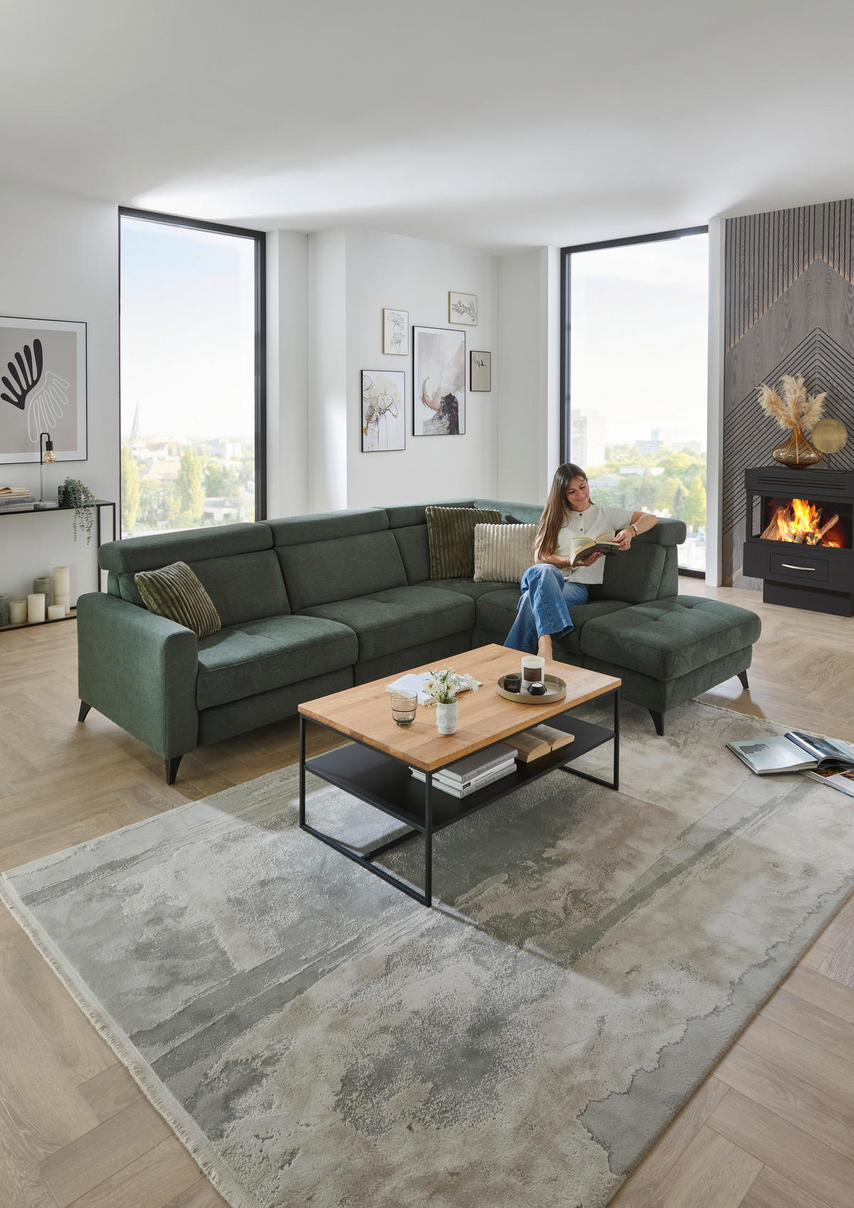 ECKSOFA Beldomo System Dunkelgrün Flachgewebe Kopfteilverstellung  - Dunkelgrün/Schwarz, KONVENTIONELL, Textil/Metall (276/214cm) - Beldomo System