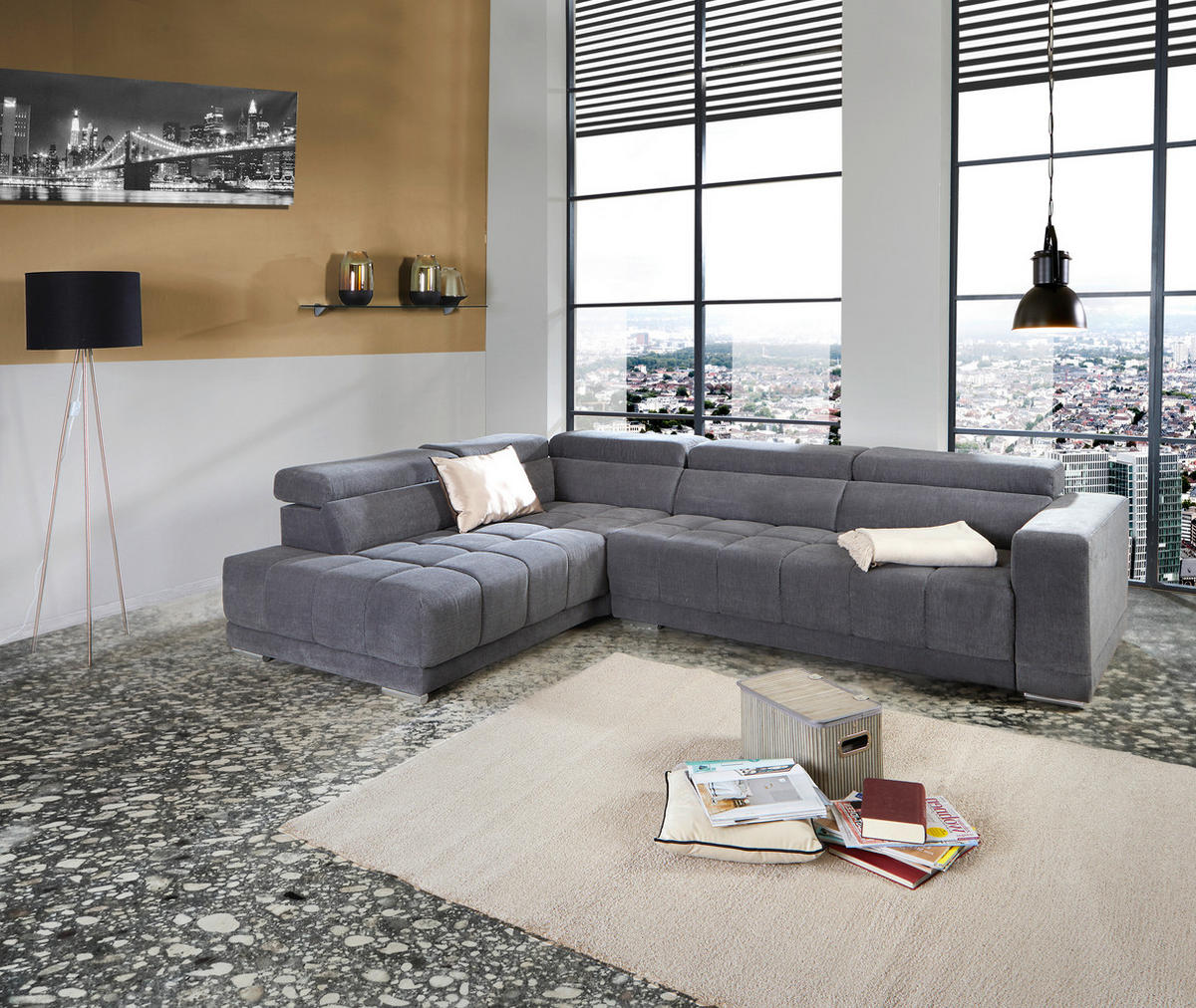 Wohnlandschaft "Hogan" , in Webstoff Grau  - Silberfarben/Grau, Modern, Holz/Textil (212/299cm) - Livetastic