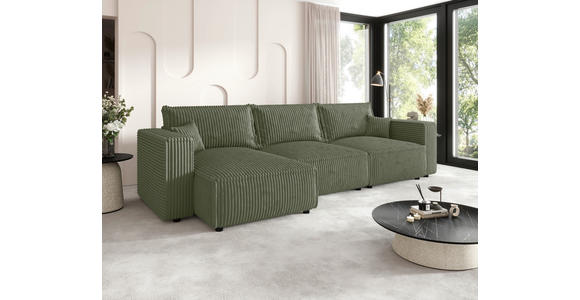 ECKSOFA Olivgrün Cord Zierkissen, Rückenkissen, Schlaffunktion, Rücken echt  - Schwarz/Olivgrün, MODERN, Kunststoff/Textil (350/168cm) - Xora