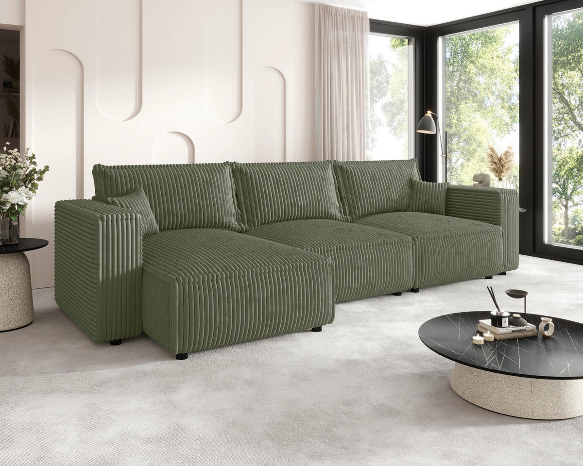 ECKSOFA Olivgrün Cord Zierkissen, Rückenkissen, Schlaffunktion, Rücken echt  - Schwarz/Olivgrün, MODERN, Kunststoff/Textil (350/168cm) - Xora