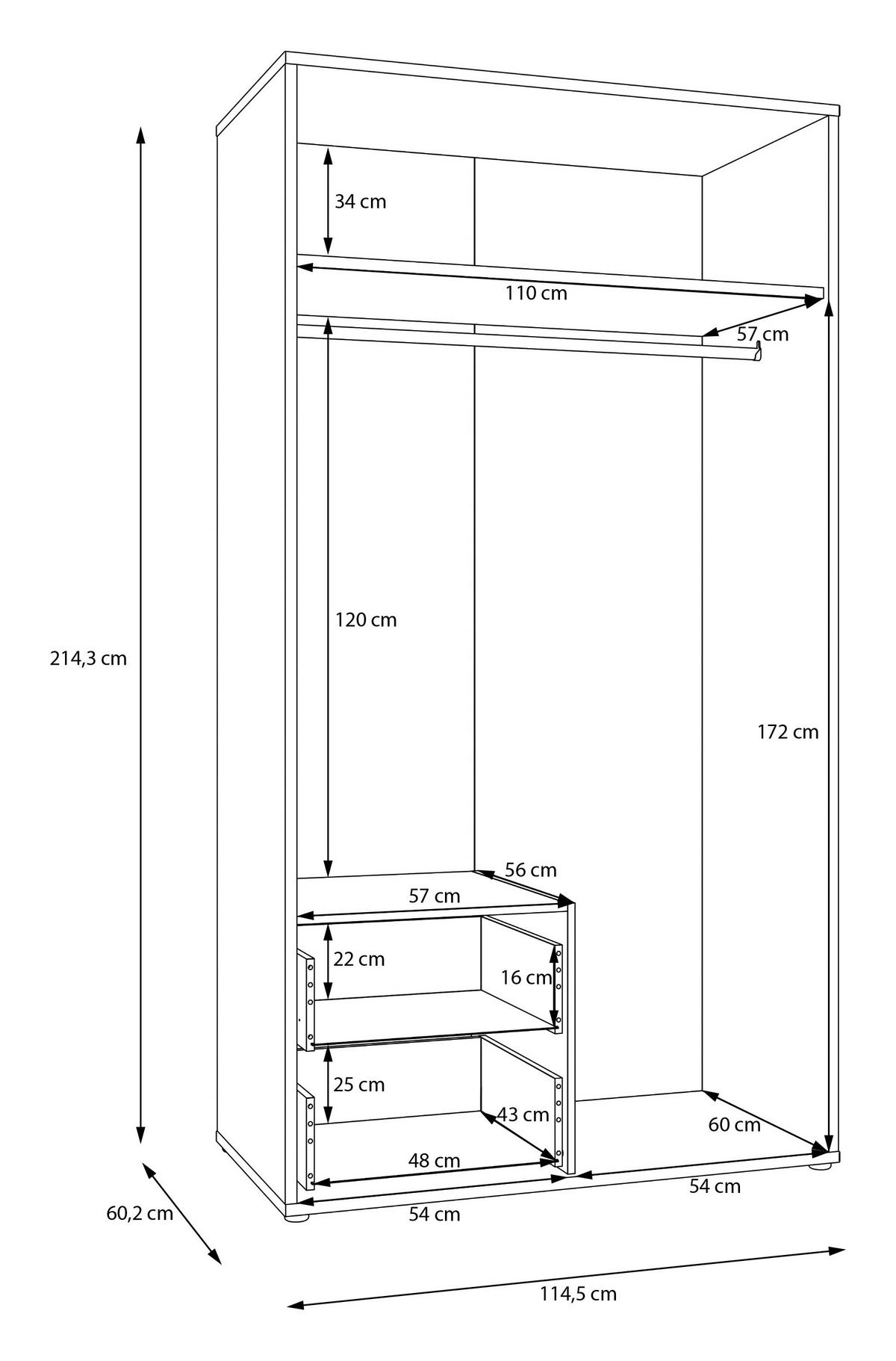 DREHTÜRENSCHRANK 115/214/60 cm,  in Weiß, 2-türig  - Weiß, Trend, Holzwerkstoff (115/214/60cm) - Carryhome