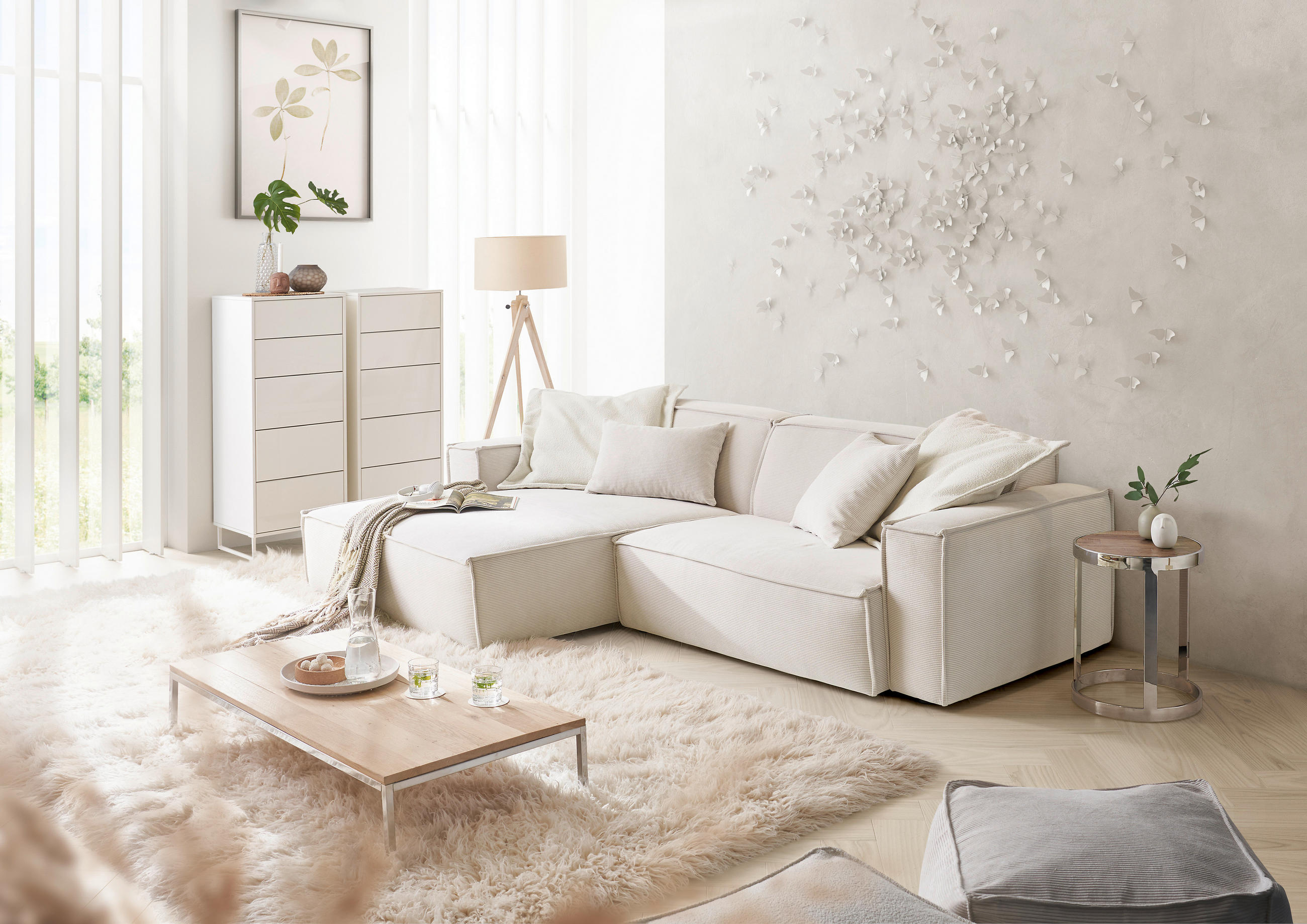 ECKSOFA Weiß Feincord - Schwarz/Weiß, KONVENTIONELL, Kunststoff/Textil (168/276cm) - Hom`in