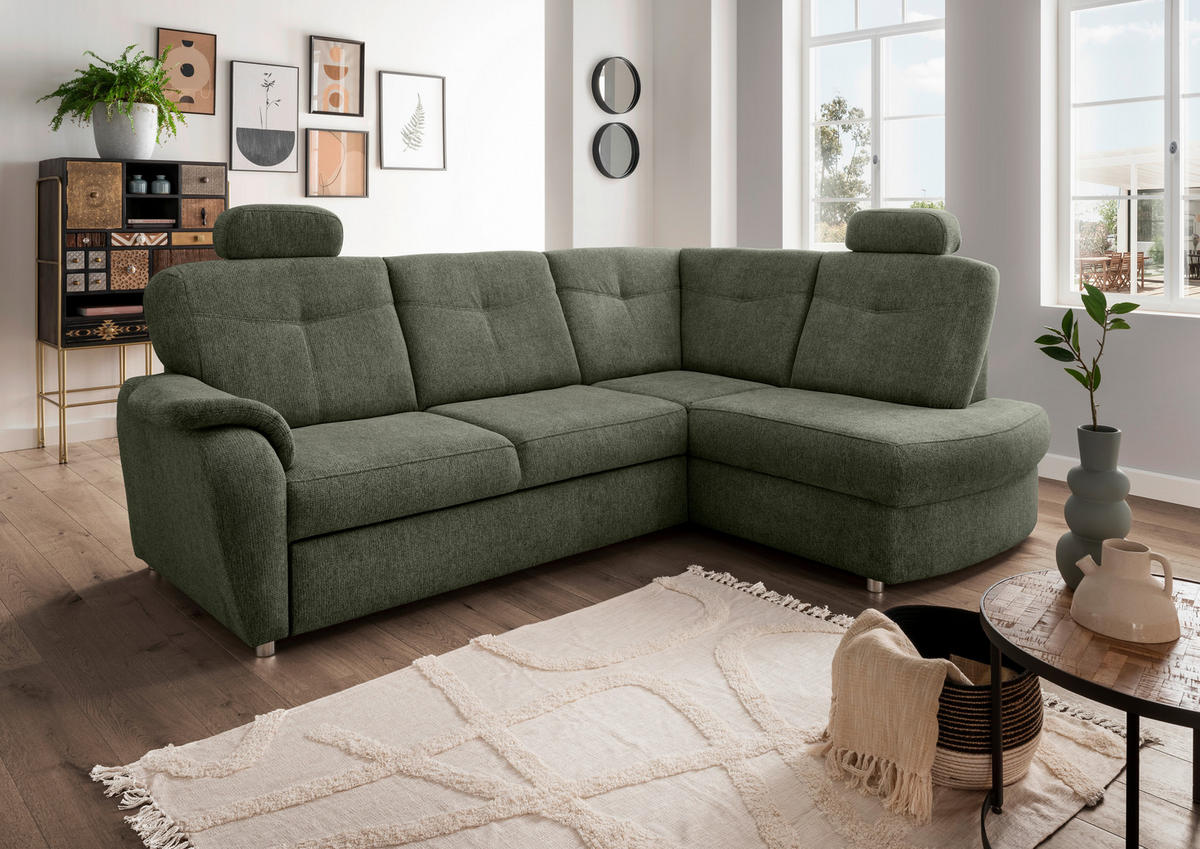ECKSCHLAFSOFA in Chenille Dunkelgrün  - Chromfarben/Dunkelgrün, Modern, Kunststoff/Textil (264/180cm) - Livetastic