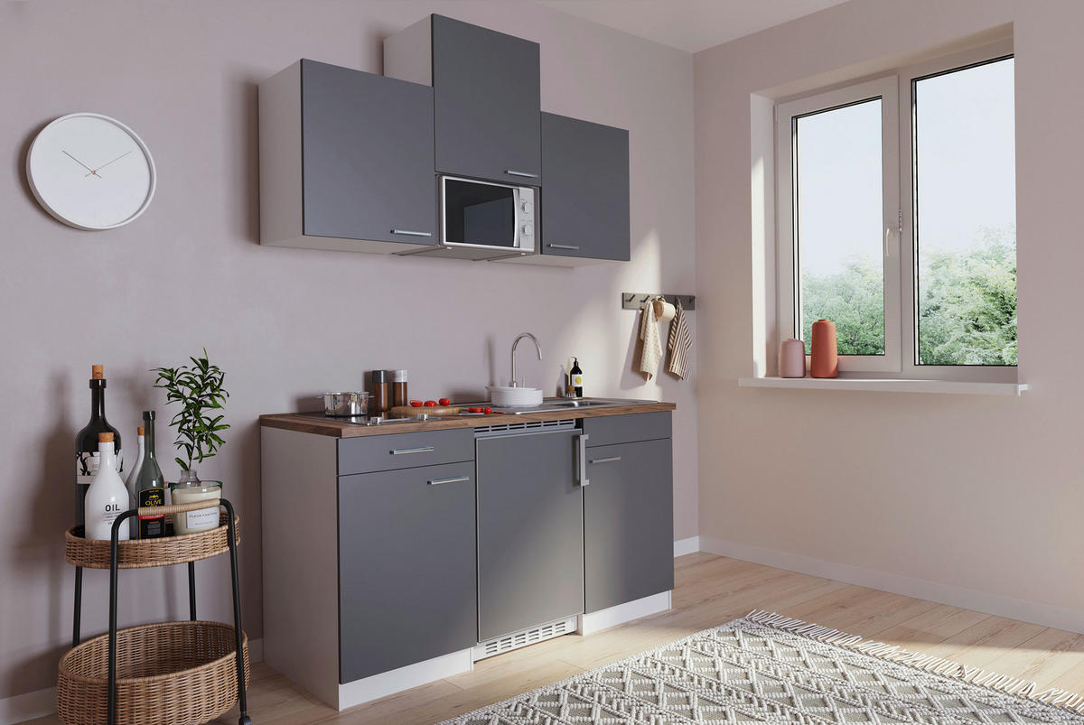 MINIKÜCHE 150 cm   in Grau  - Edelstahlfarben/Nussbaumfarben, Basics, Holzwerkstoff/Kunststoff (150cm) - Respekta