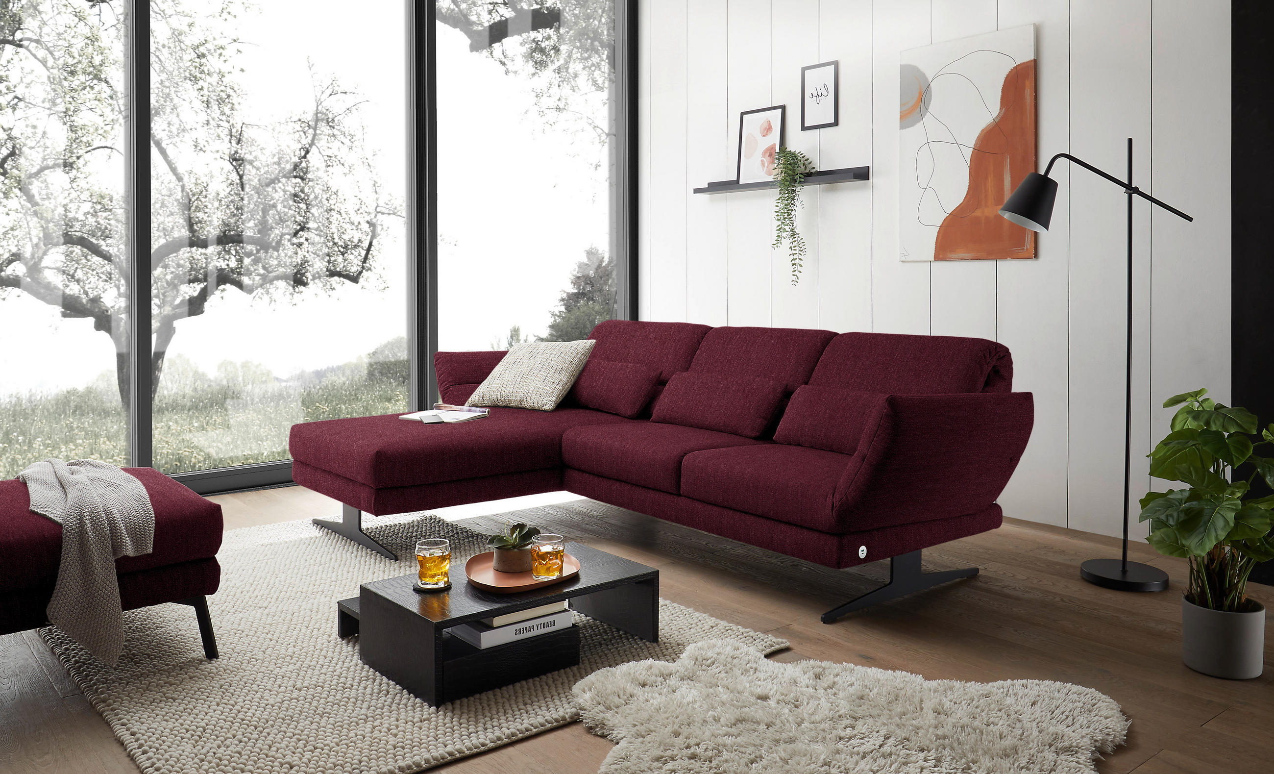ECKSOFA in Flachgewebe Weinrot  - Weinrot/Schwarz, Design, Textil/Metall (176-217/279-327cm) - Dieter Knoll