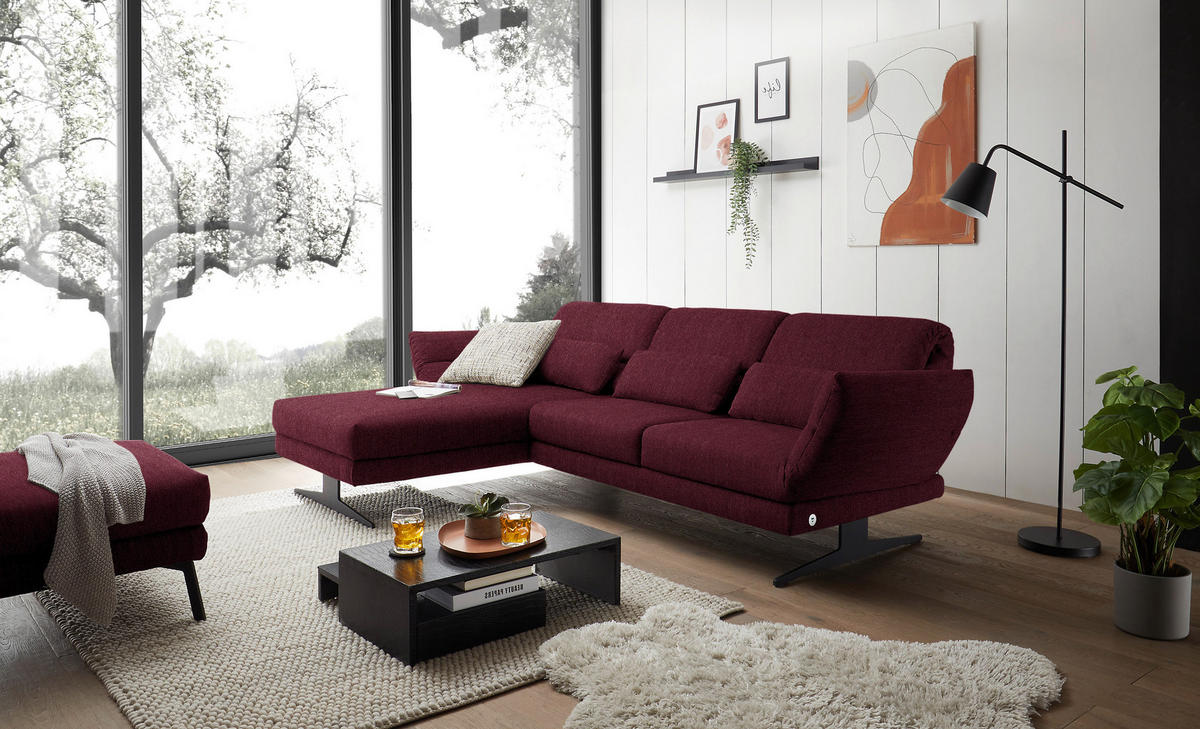 ECKSOFA in Flachgewebe Weinrot  - Weinrot/Schwarz, Design, Textil/Metall (176-217/279-327cm) - Dieter Knoll