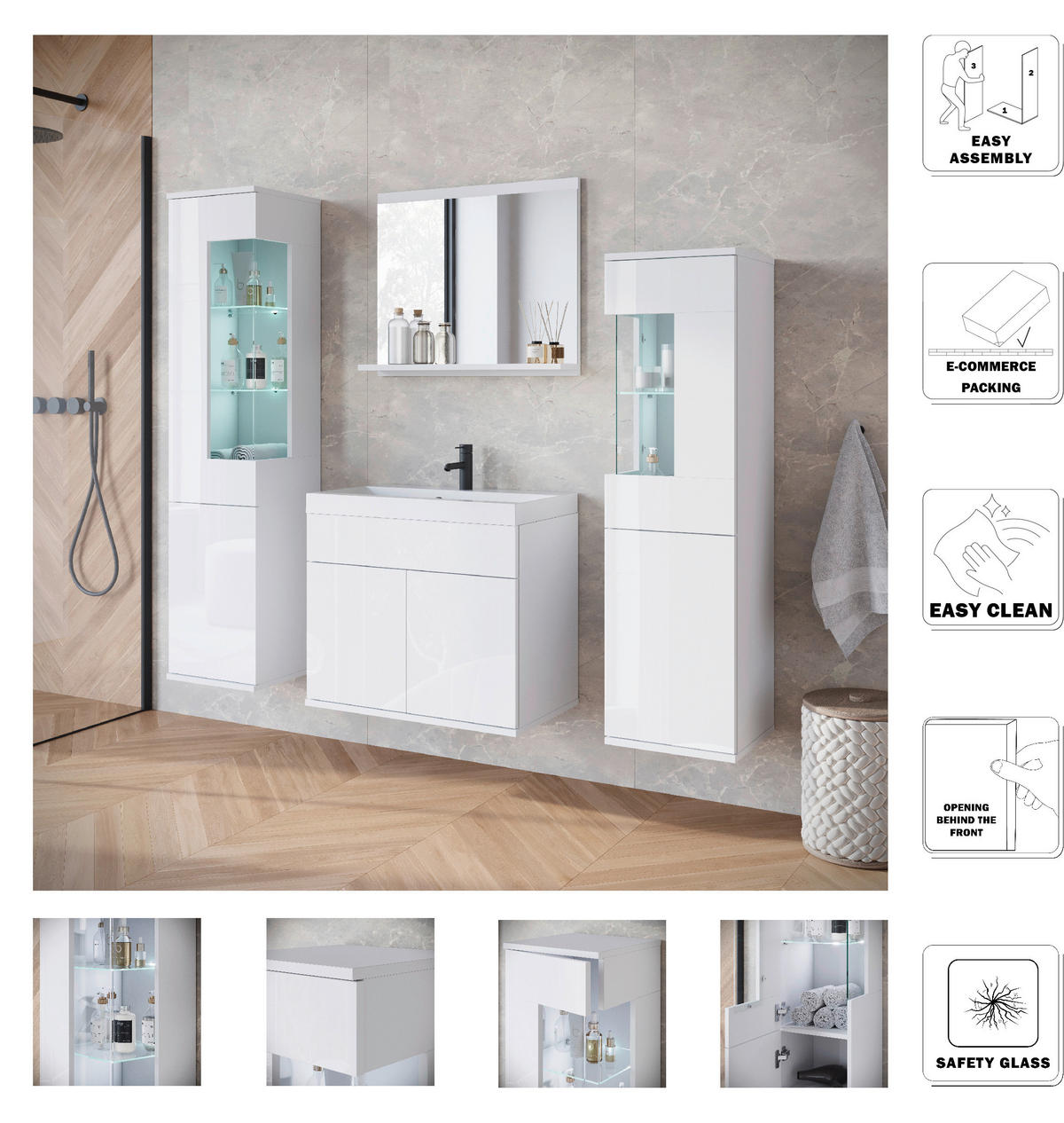 BADEZIMMER 5-teilig  in 120,4 cm  - Weiß Hochglanz/Weiß, Trend, Glas/Keramik (120,4cm) - P & B