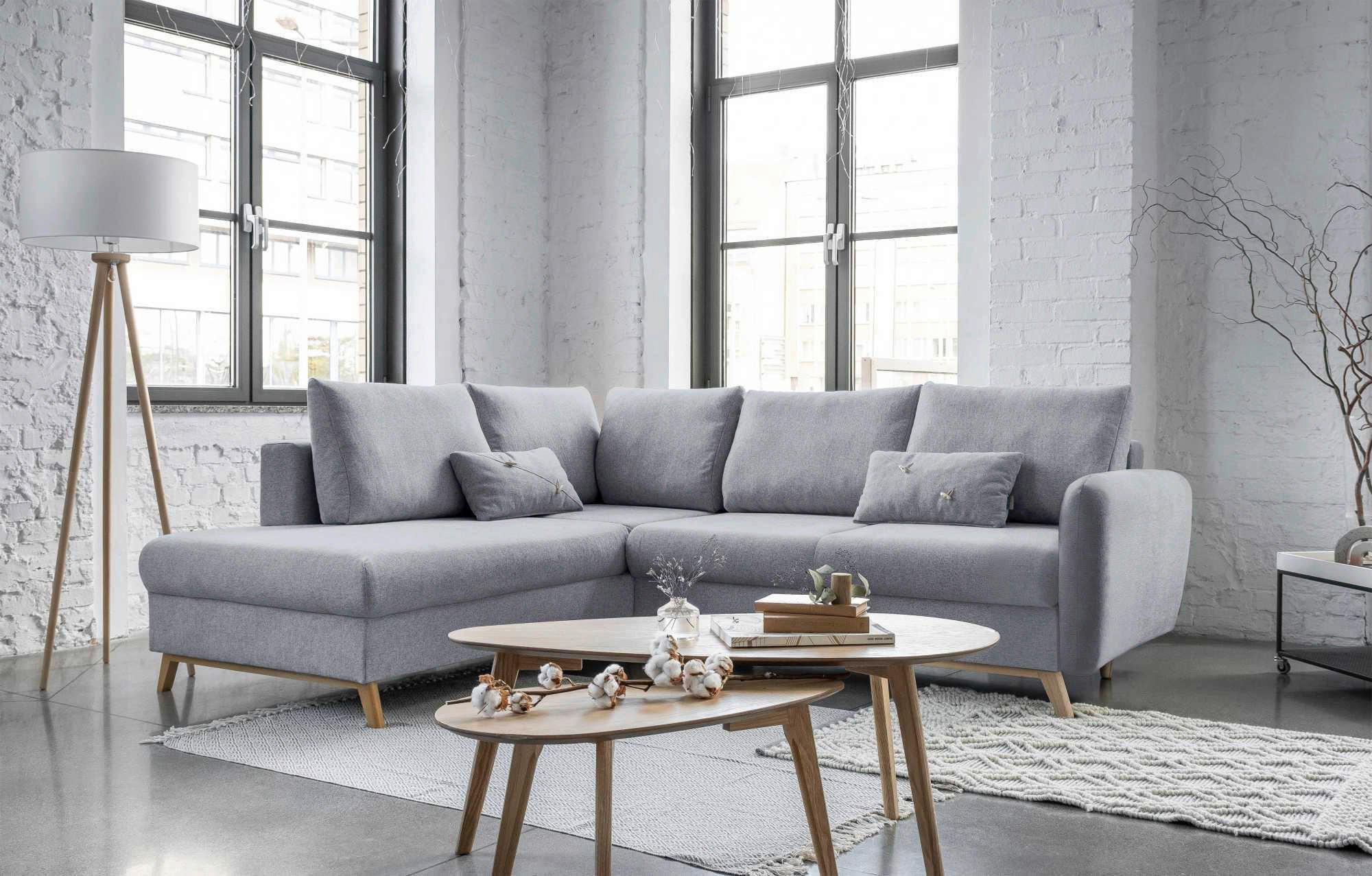 ROHOVÁ SEDAČKA, textil, světle šedá - světle šedá/přírodní barvy, dřevo/textil (202/242cm) - MID.YOU