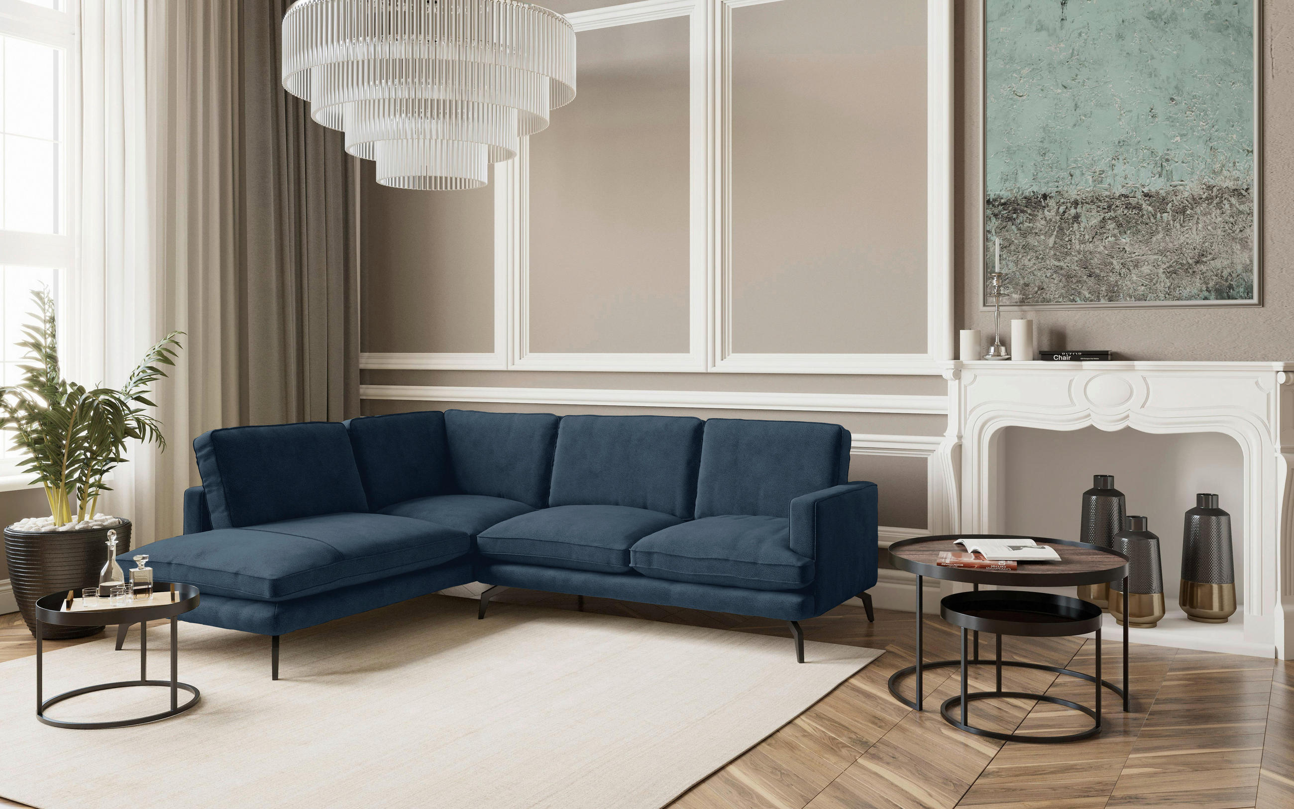 ECKSOFA in Flachgewebe Dunkelblau  - Schwarz/Dunkelblau, Design, Textil/Metall (202/250cm) - Livetastic