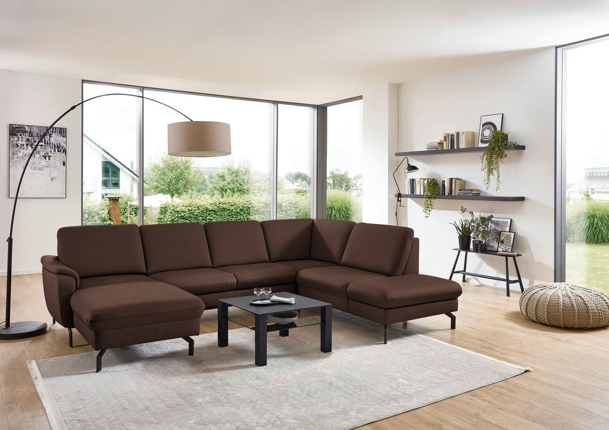 WOHNLANDSCHAFT Echtleder Mokka  - Schwarz/Mokka, Konventionell, Leder/Metall (168/306/224cm) - Beldomo Premium