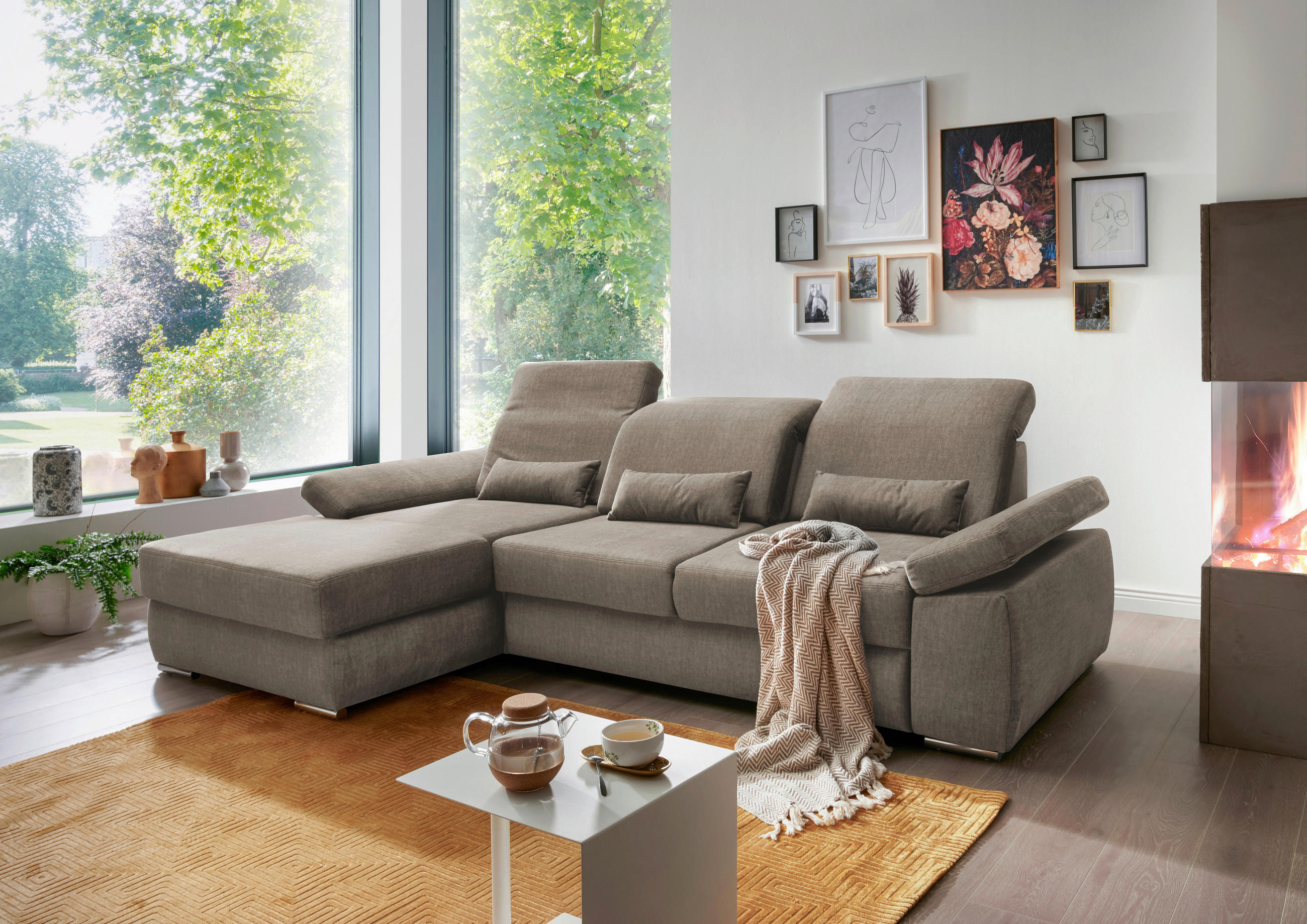 Wohnlandschaft mit Schlaffkt Hellbraun Velours  - Hellbraun/Chromfarben, MODERN, Holz/Textil (188/295cm) - Livetastic