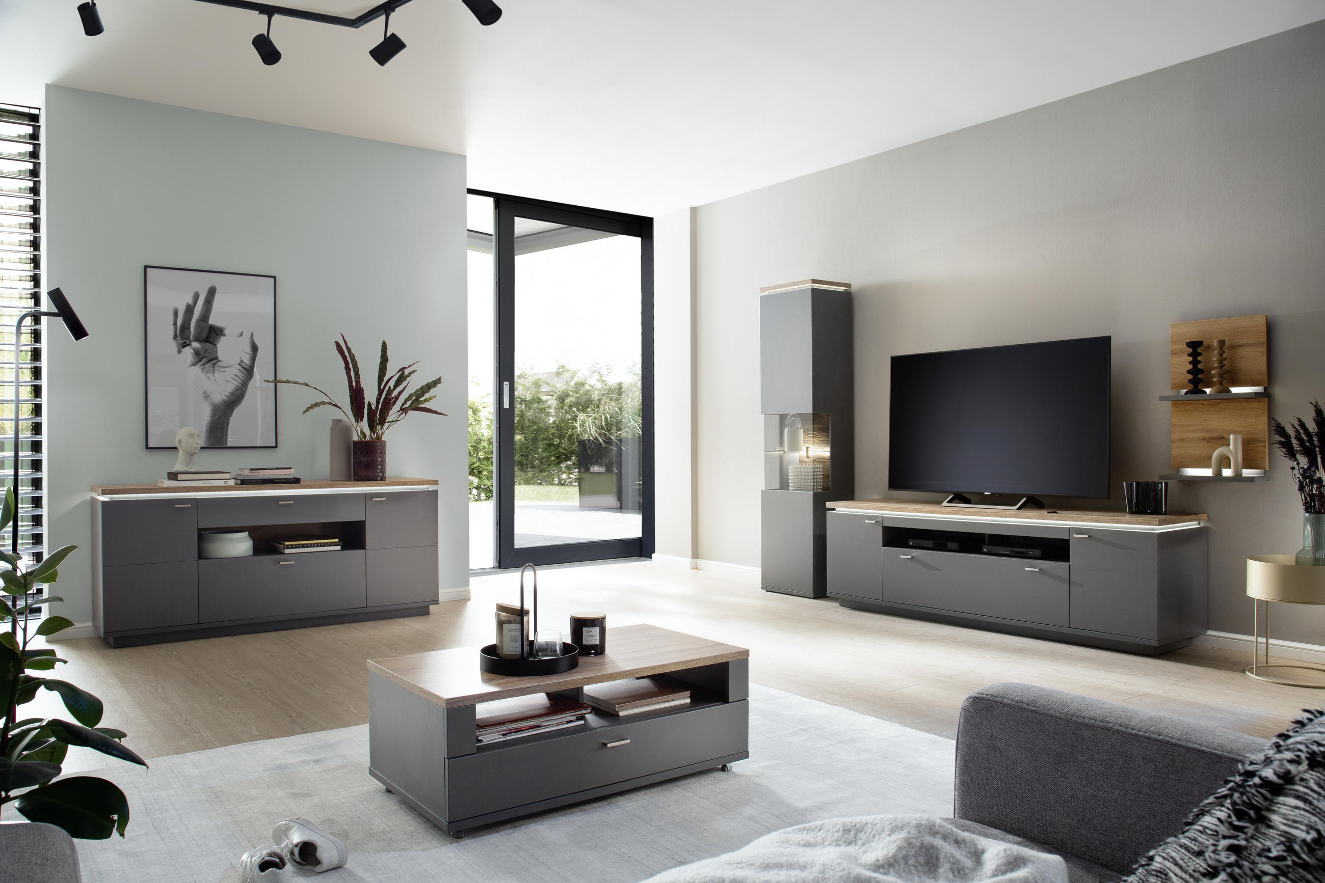 SIDEBOARD Grau, Eiche Wotan Beleuchtung, Einlegeböden - Eiche Wotan/Grau, Design, Holzwerkstoff/Metall (180/81/44cm) - Stylife