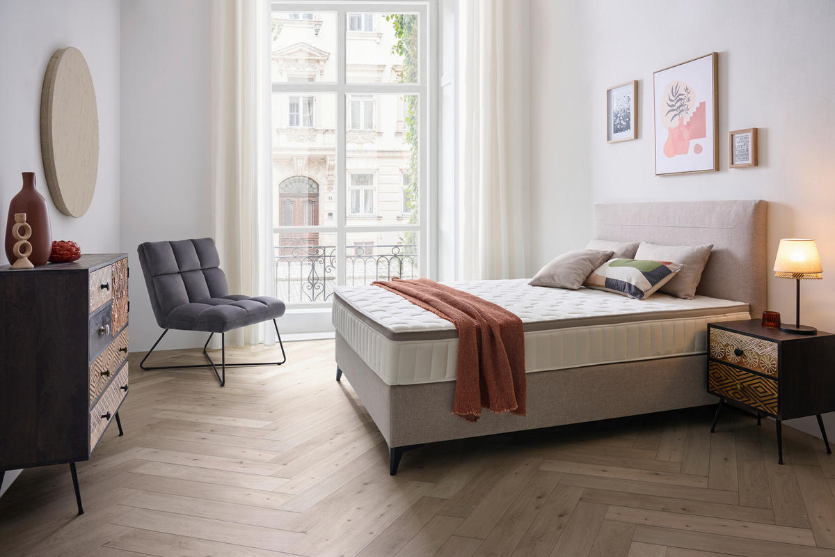 BOXSPRINGBETT 140/200 cm,  in Beige, Matratze, Topper, H3 = fest  - Beige/Schwarz, Design, Kunststoff/Textil (140/200cm) - Hom`in