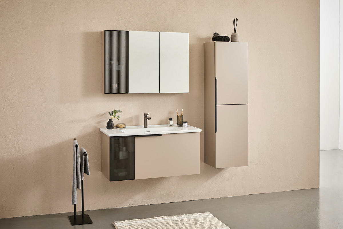 BADEZIMMER 3-teilig  in  - Weiß Hochglanz/Beige, MODERN, Glas/Keramik (100/114/45cm) - MID.YOU