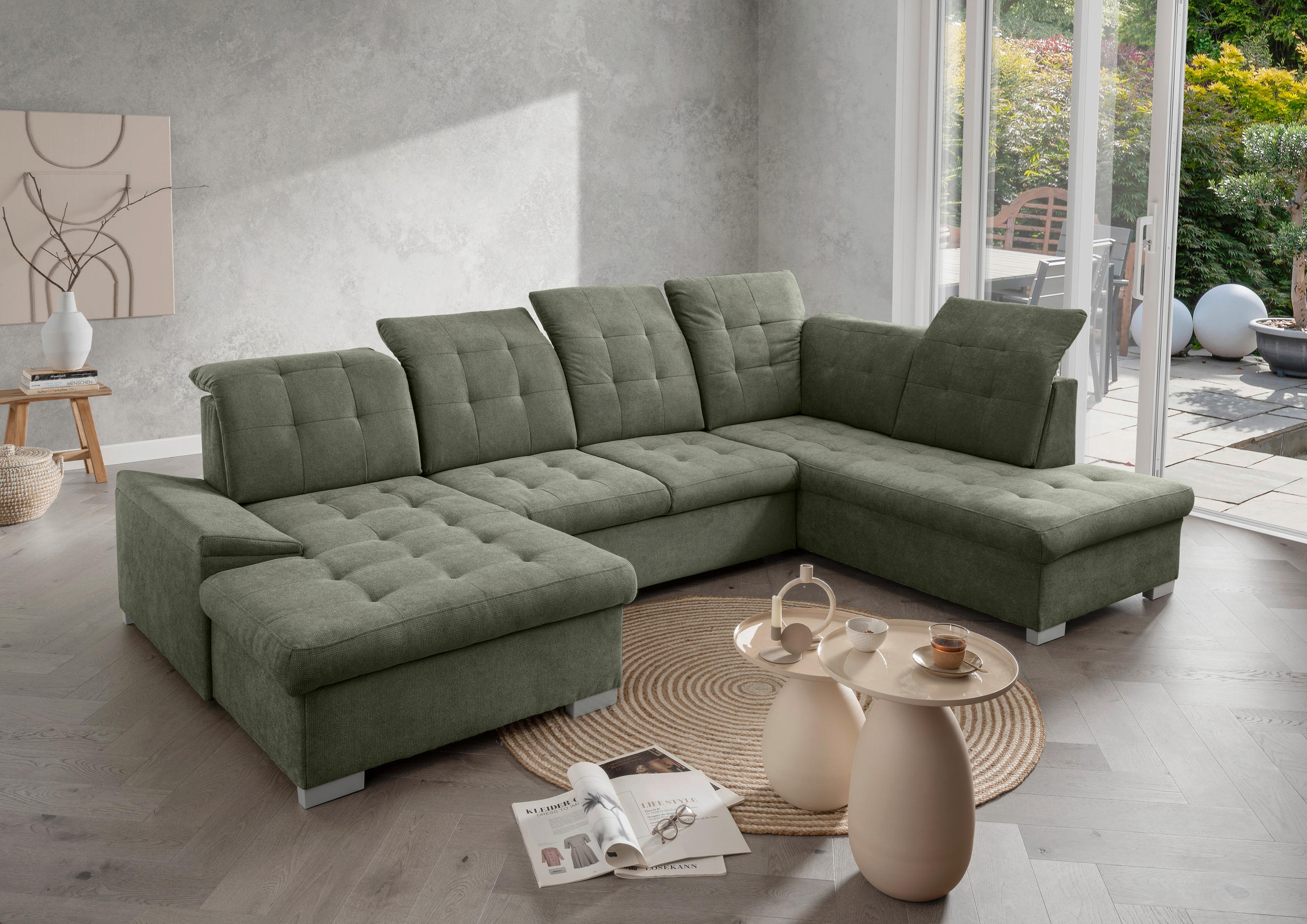 WOHNLANDSCHAFT in Mikrofaser Dunkelgrün  - Chromfarben/Dunkelgrün, Modern, Kunststoff/Textil (169/330/212cm) - Livetastic