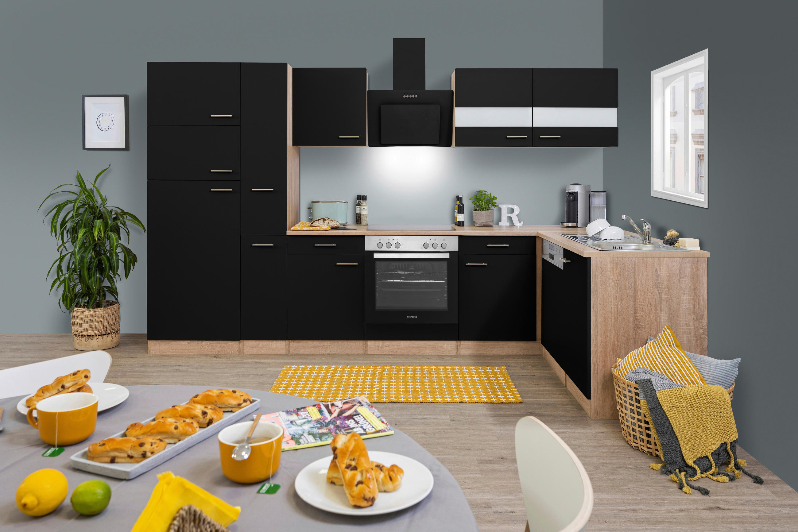 ECKKÜCHE 310/172 cm  in Schwarz, Eichefarben  - Eichefarben/Schwarz, Basics, Glas/Holzwerkstoff (310/172cm) - Respekta