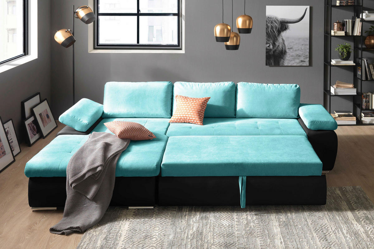ECKSOFA in Flachgewebe Schwarz, Türkis  - Türkis/Schwarz, Design, Kunststoff/Textil (175/271cm) - MID.YOU
