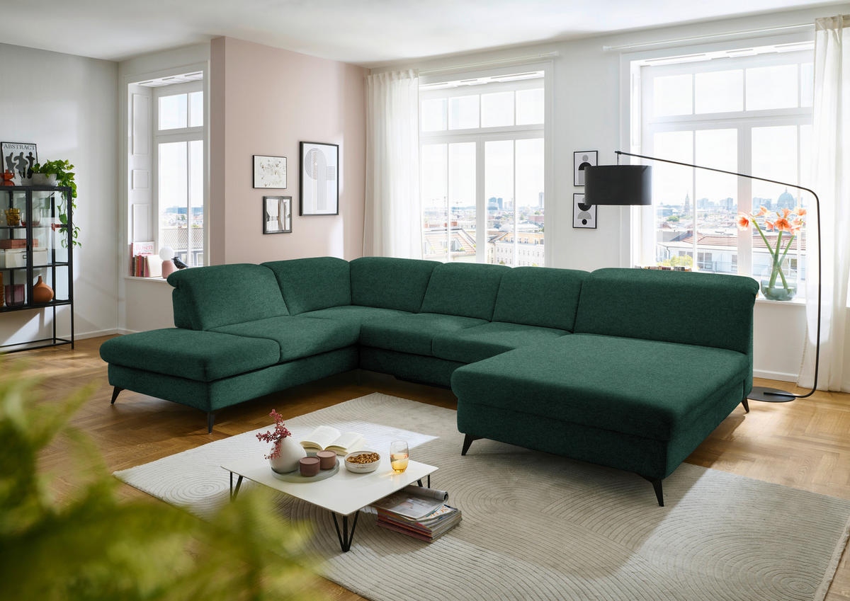 WOHNLANDSCHAFT Chenille Waldgrün  - Waldgrün/Schwarz, Design, Textil/Metall (255/369/198cm) - Beldomo Style