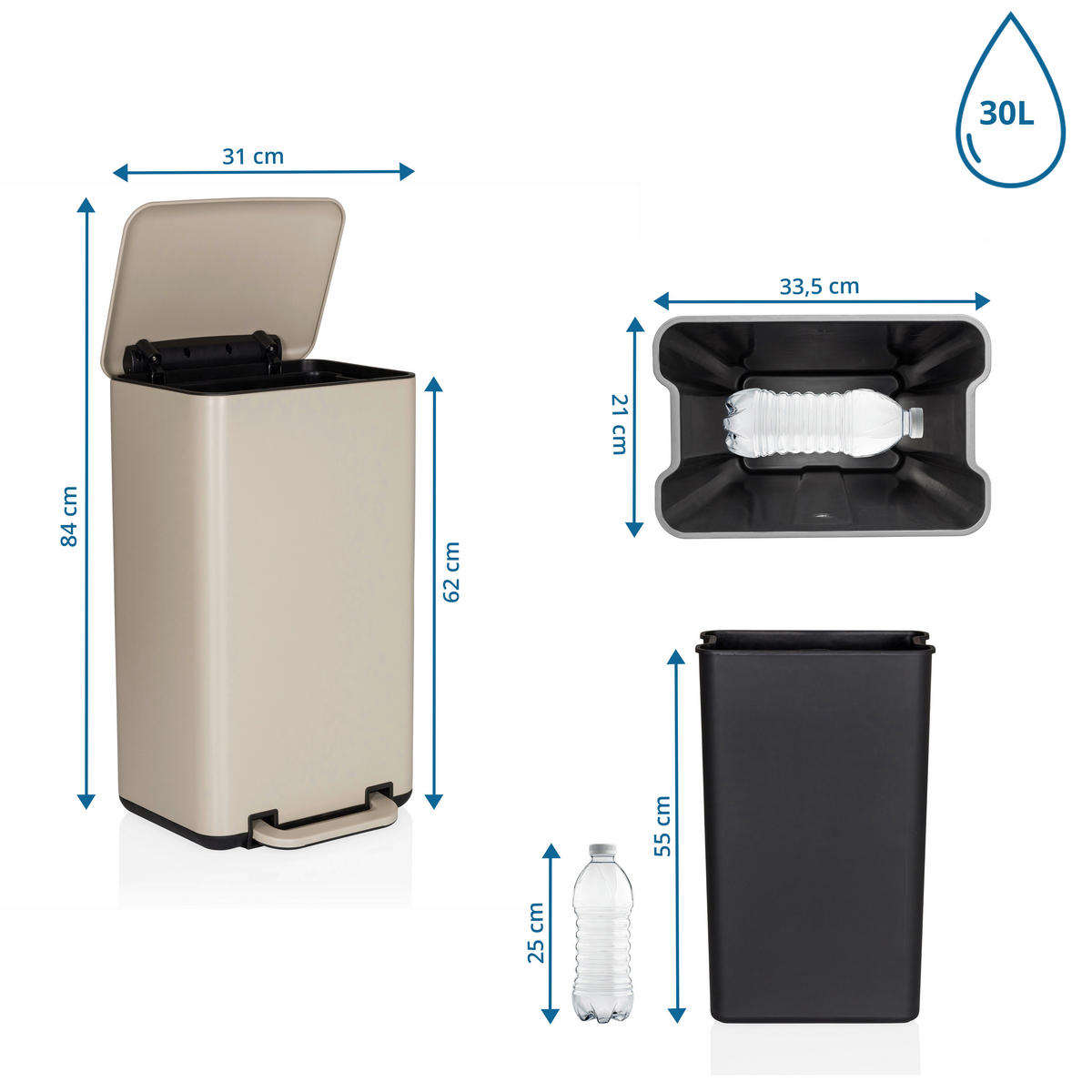 ABFALLEIMER 30 l  Metall  - Beige/Schwarz, MODERN, Kunststoff/Metall (31/62/36cm) - MID.YOU