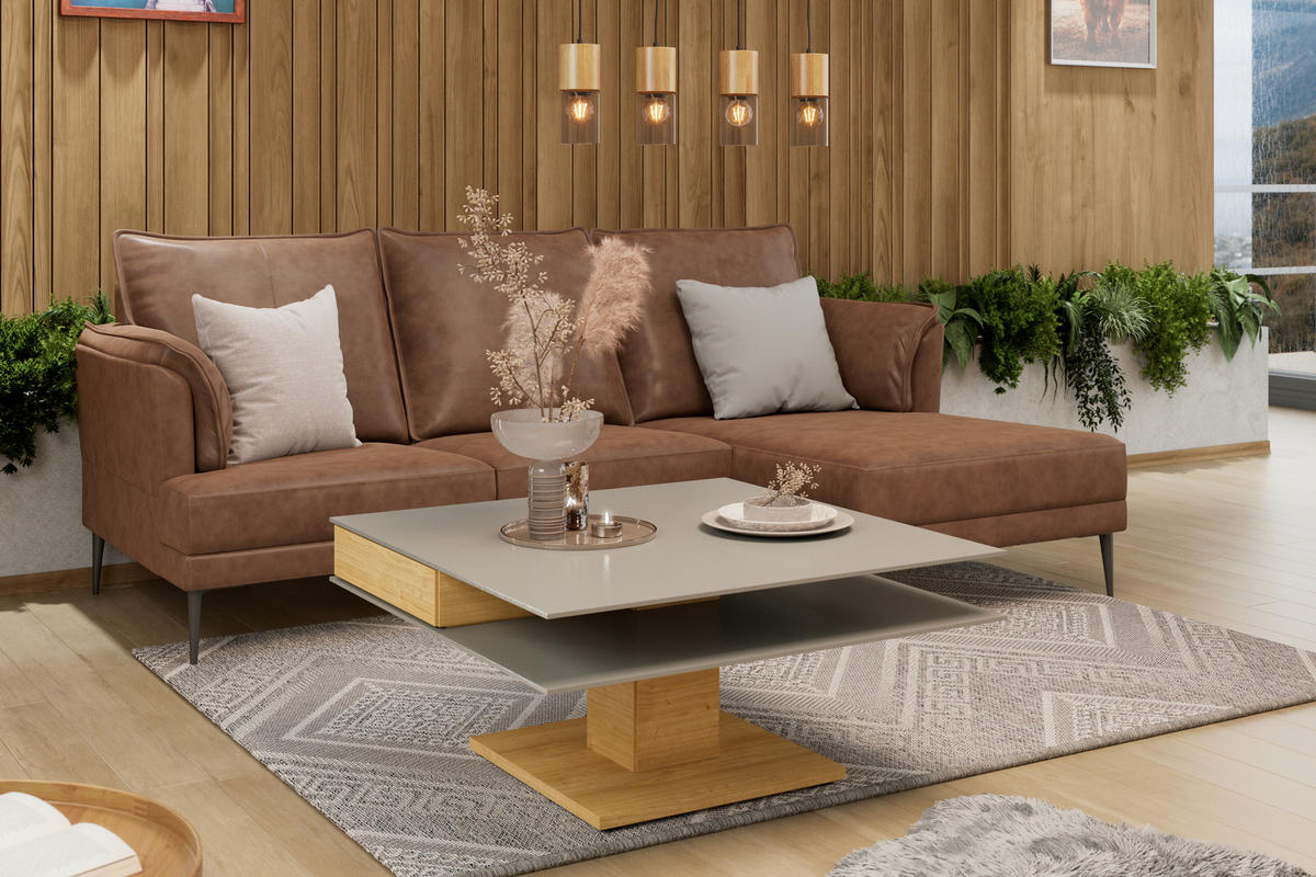 COUCHTISCH Wildeiche furniert, massiv Farbglas 90/90/43 cm quadratisch Grau, Eichefarben  - Eichefarben/Grau, Design, Glas/Holz (90/90/43cm) - Voglauer