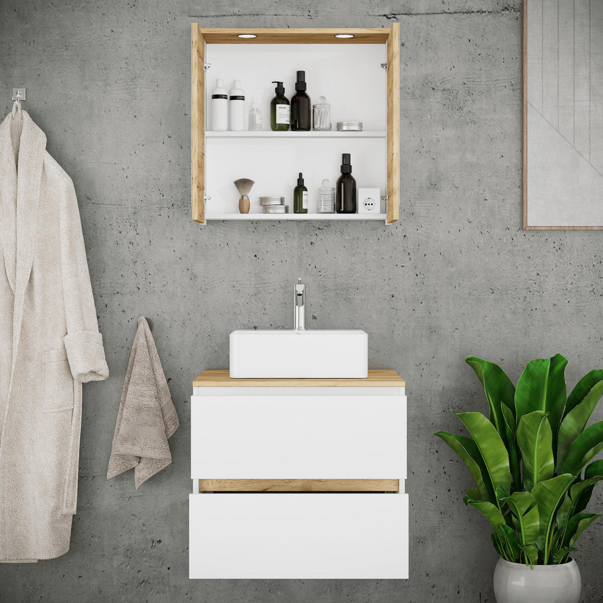 BADEZIMMER 3-teilig  in 60 cm  - Honigeiche/Weiß, Trend, Keramik/Holzwerkstoff (60cm) - MID.YOU
