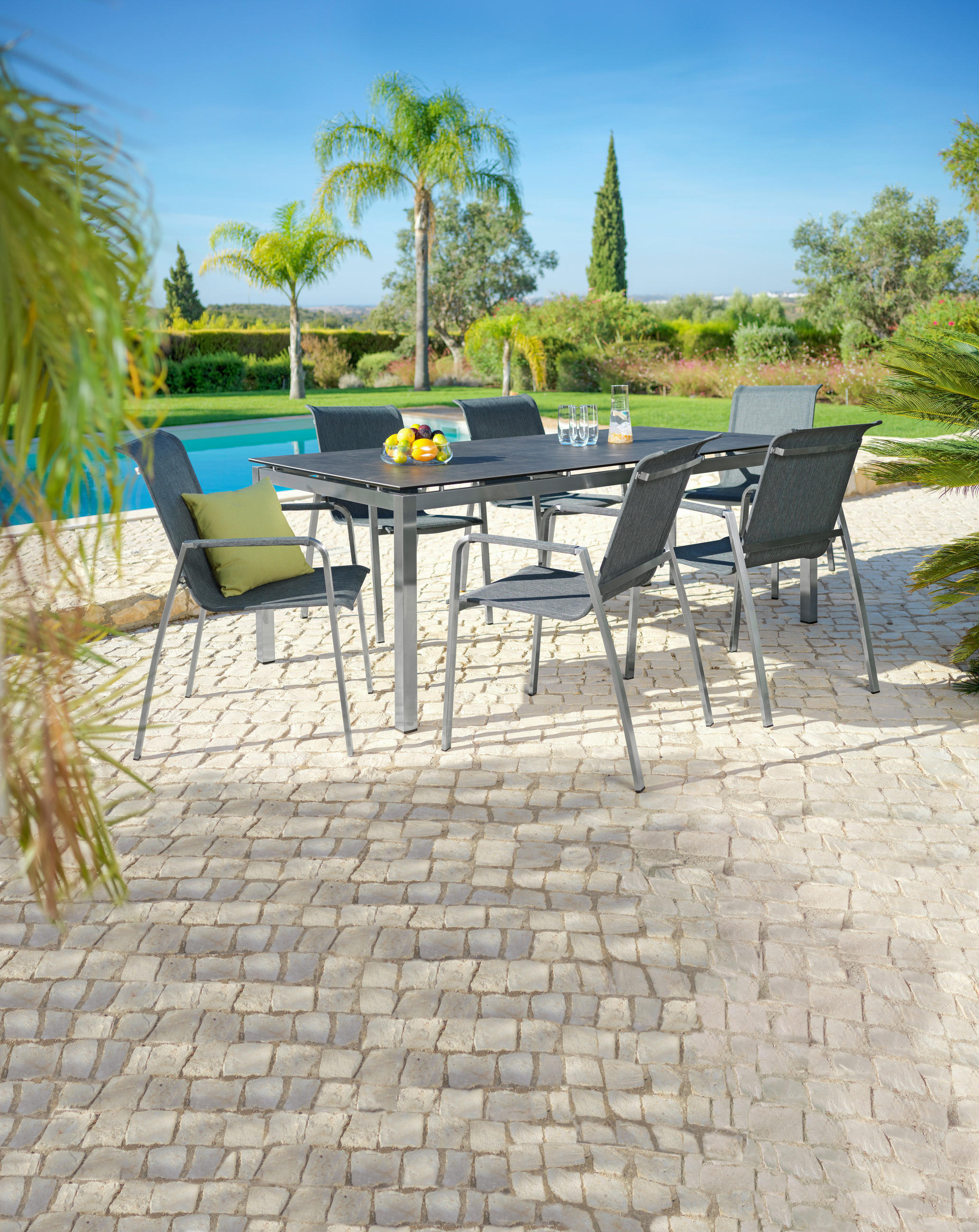 ZÁHRADNÝ STÔL, kov, sklo, 200/100/75 cm - farba ušľachtilej ocele/tmavosivá, Design, kov/sklo (200/100/75cm) - Amatio