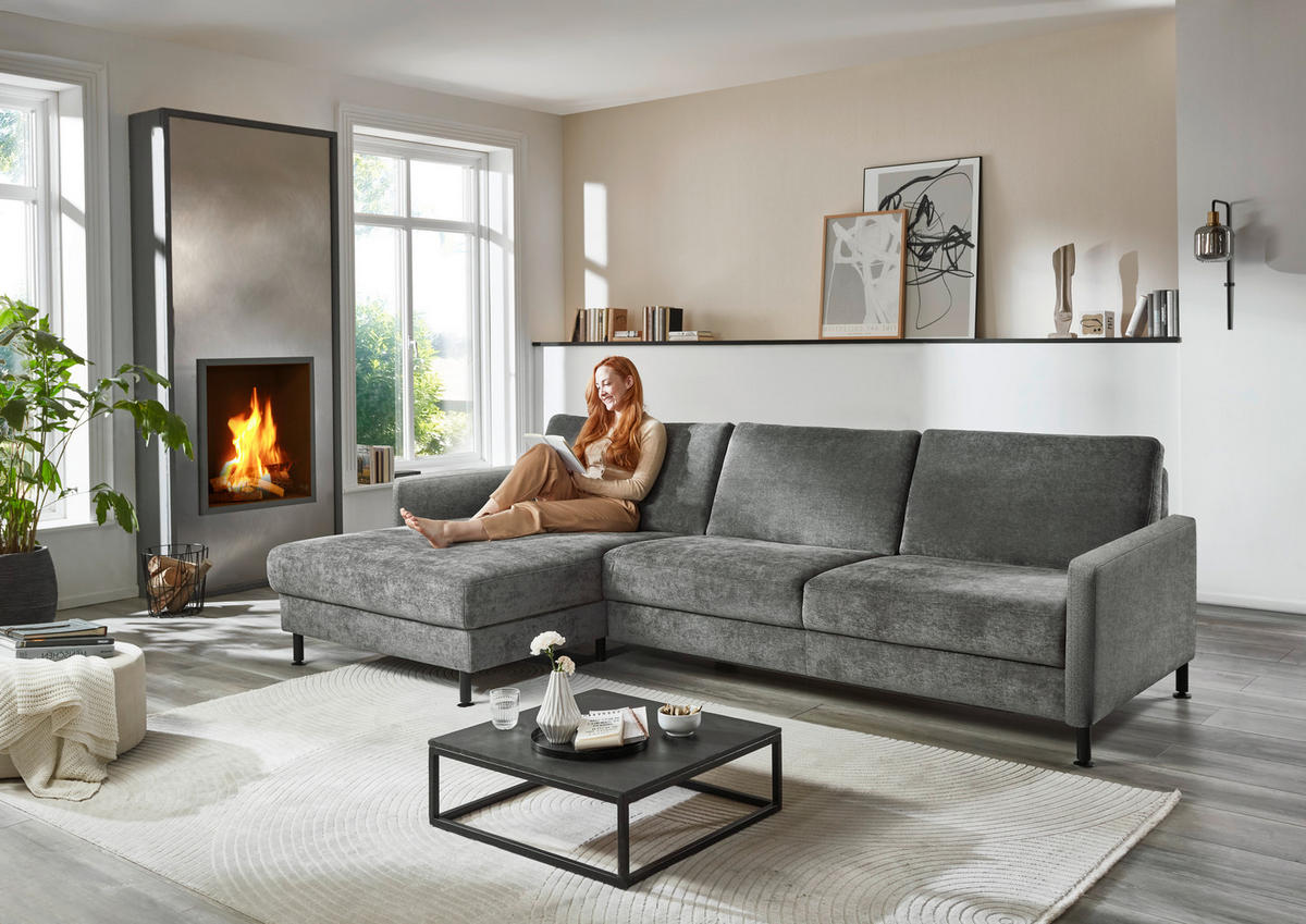 ECKSOFA in Chenille, Flachgewebe Dunkelgrau  - Dunkelgrau/Schwarz, Design, Textil/Metall (175/316cm) - Dieter Knoll