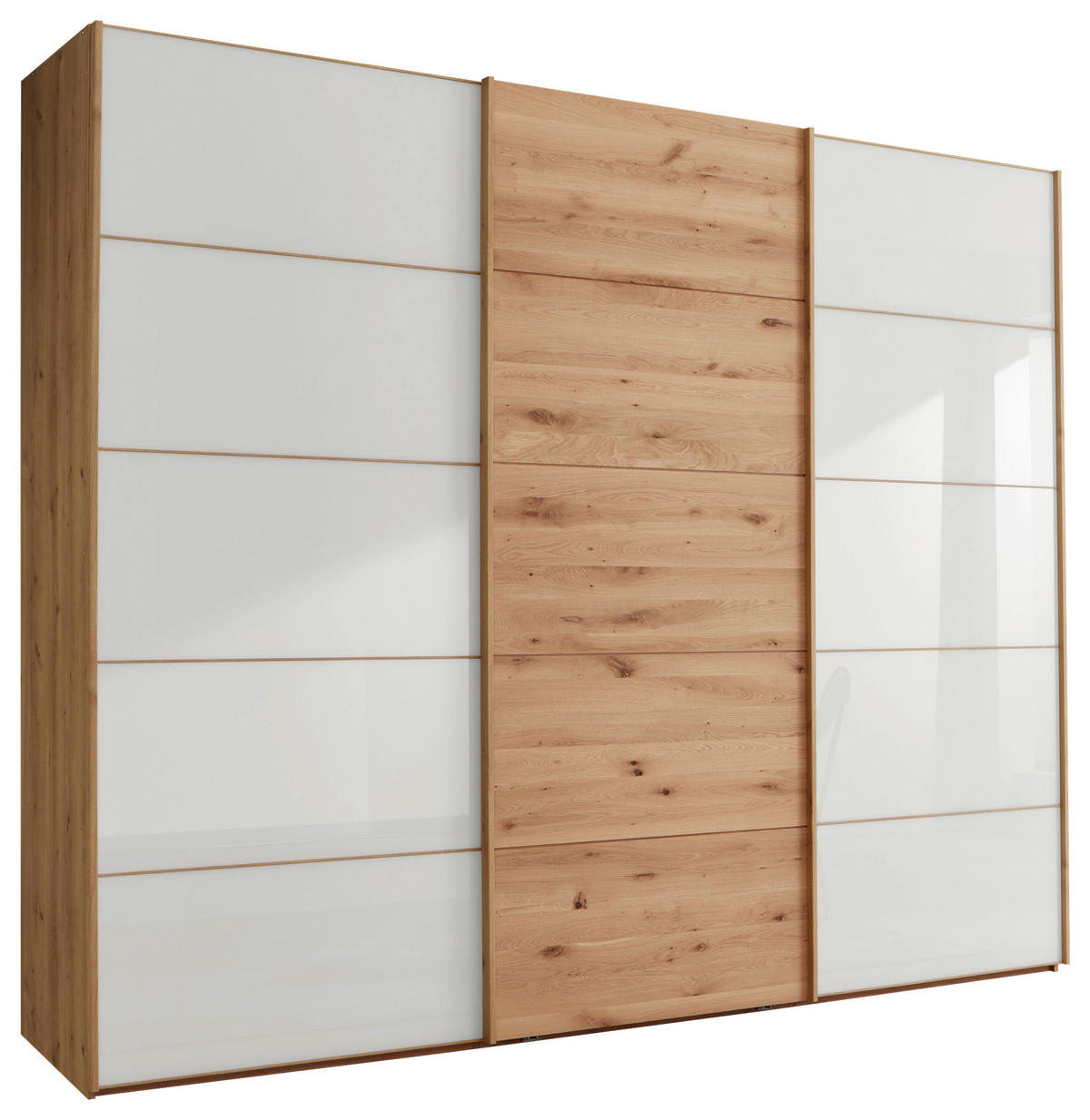 SCHWEBETÜRENSCHRANK 250/236/67 cm 3-türig Weiß, Eiche Bianco  - Eiche Bianco/Weiß, Natur, Glas/Holz (250/236/67cm) - Linea Natura