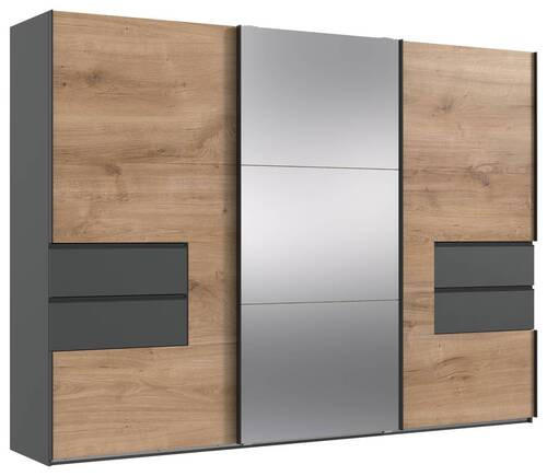 SCHWEBETÜRENSCHRANK 300/216/65 cm 3-türig Graphitfarben, Eichefarben  - Eichefarben/Schwarz, MODERN, Holzwerkstoff/Metall (300/216/65cm) - MID.YOU