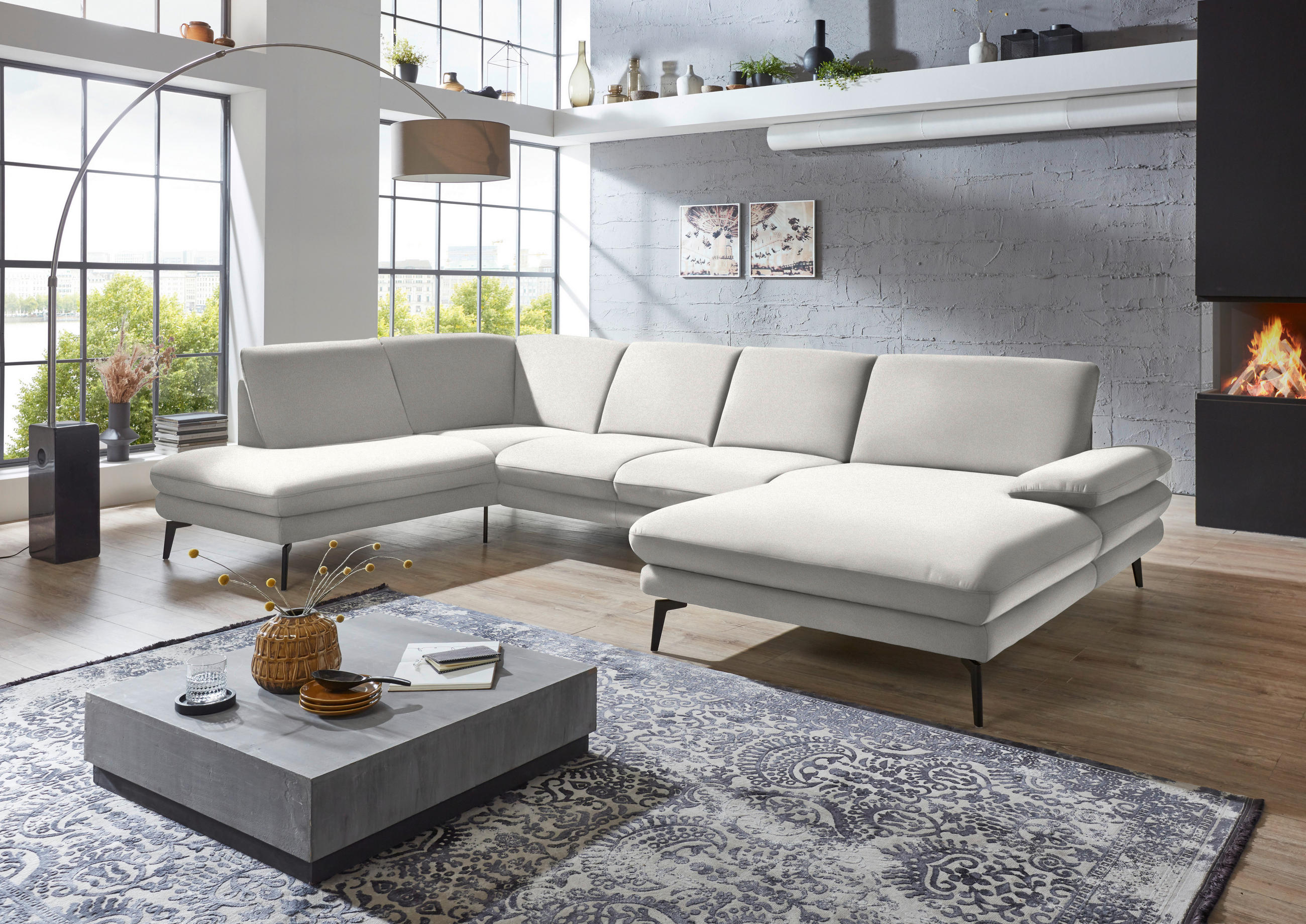 WOHNLANDSCHAFT Creme, Naturfarben Webstoff  - Creme/Schwarz, Design, Textil/Metall (208/344/180cm) - Dieter Knoll