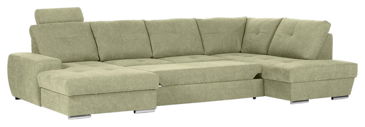 WOHNLANDSCHAFT in Flachgewebe Hellgrün  - Chromfarben/Hellgrün, Konventionell, Kunststoff/Textil (180/338/217cm) - Hom`in
