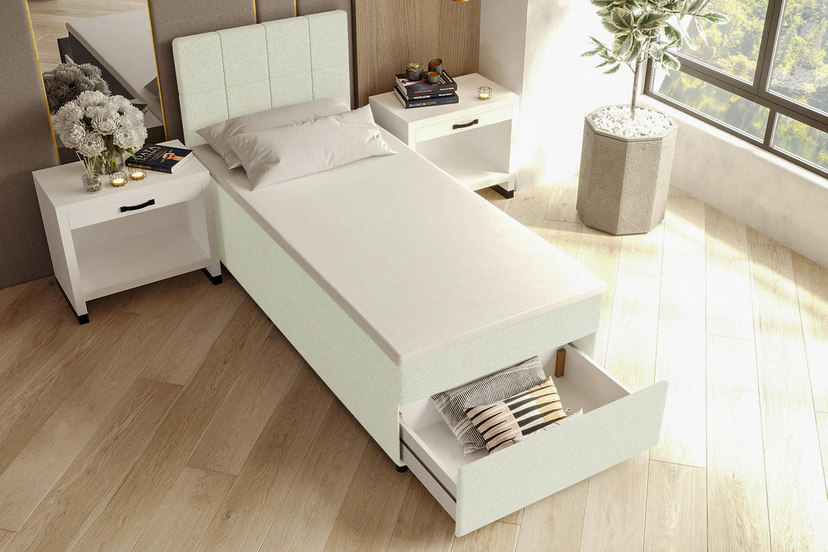 BOXBETT 90/200 cm,  in Creme, Matratze, Topper, Bettschublade, H3 = fest  - Creme/Schwarz, KONVENTIONELL, Kunststoff/Textil (90/200cm) - Boxxx