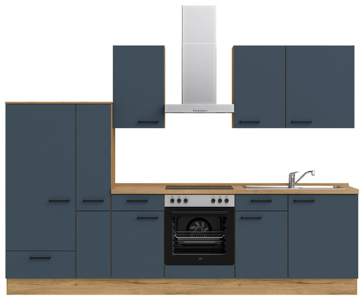 KÜCHENBLOCK Easytouch 300 cm  in Blau, Eichefarben  - Blau/Eichefarben, MODERN, Holzwerkstoff/Metall (300cm) - Nobilia