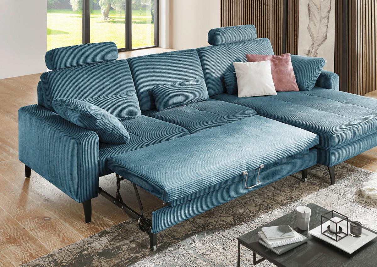 ECKSOFA in Cord Petrol  - Petrol/Schwarz, Modern, Textil/Metall (302/177cm) - Beldomo Style