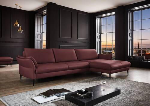 ECKSOFA in Echtleder Beere  - Beere/Schwarz, Design, Leder/Metall (334/172cm) - Valdera