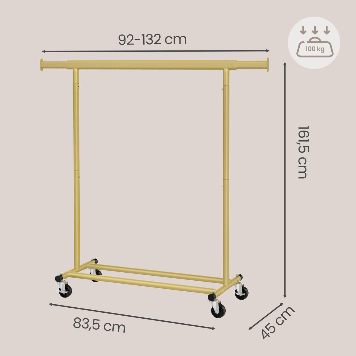 KLEIDERSTÄNDER in Goldfarben 92-132/161,5/45 cm   - Goldfarben, Trend, Kunststoff/Metall (92-132/161,5/45cm) - Boxxx