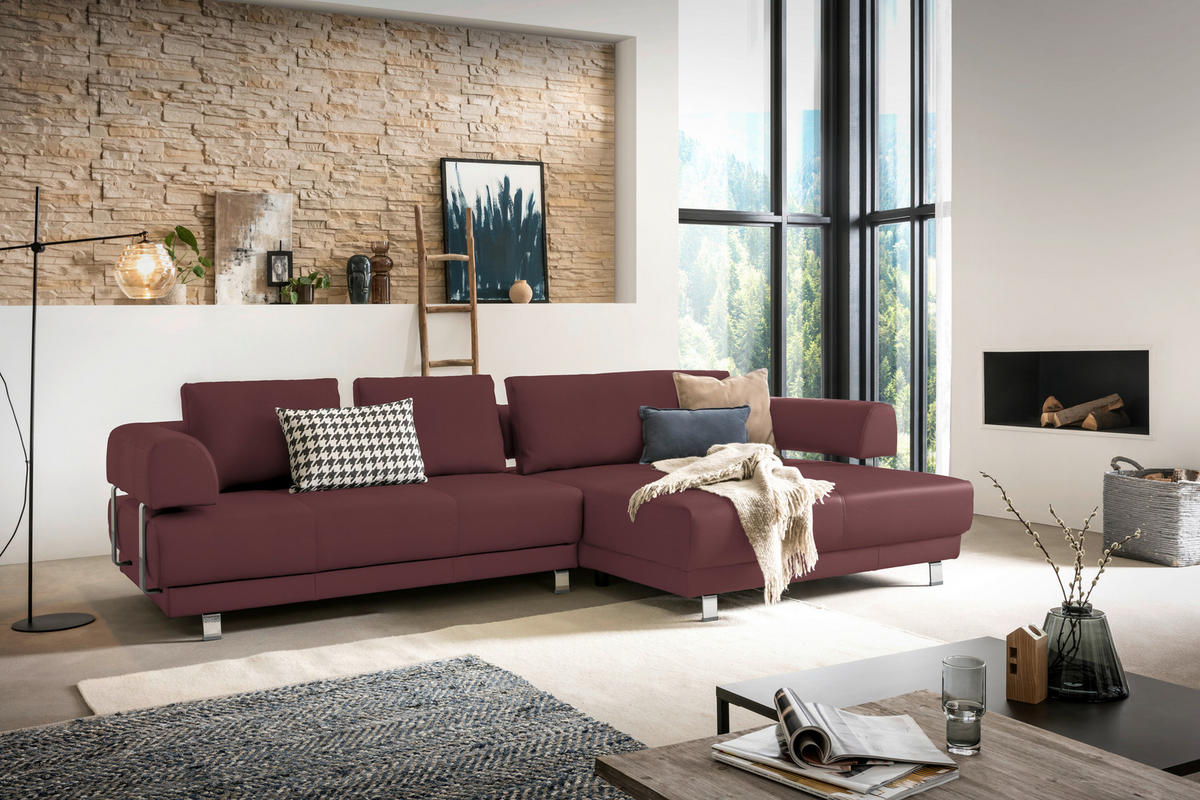 ECKSOFA in Echtleder Bordeaux  - Bordeaux, Design, Leder/Metall (307/188cm)