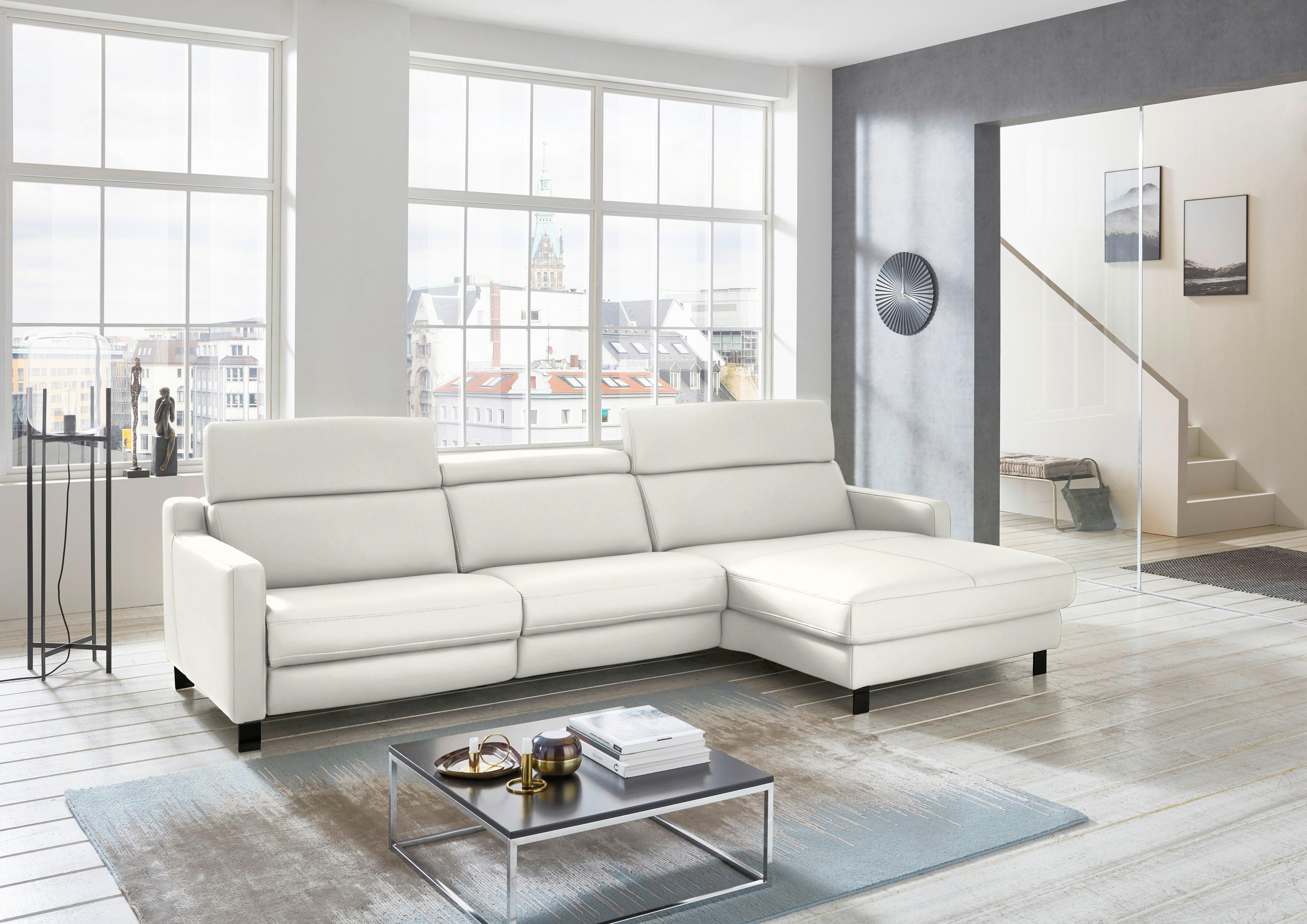 ECKSOFA in Echtleder Creme  - Creme/Schwarz, Design, Leder/Metall (291/176cm) - Valdera