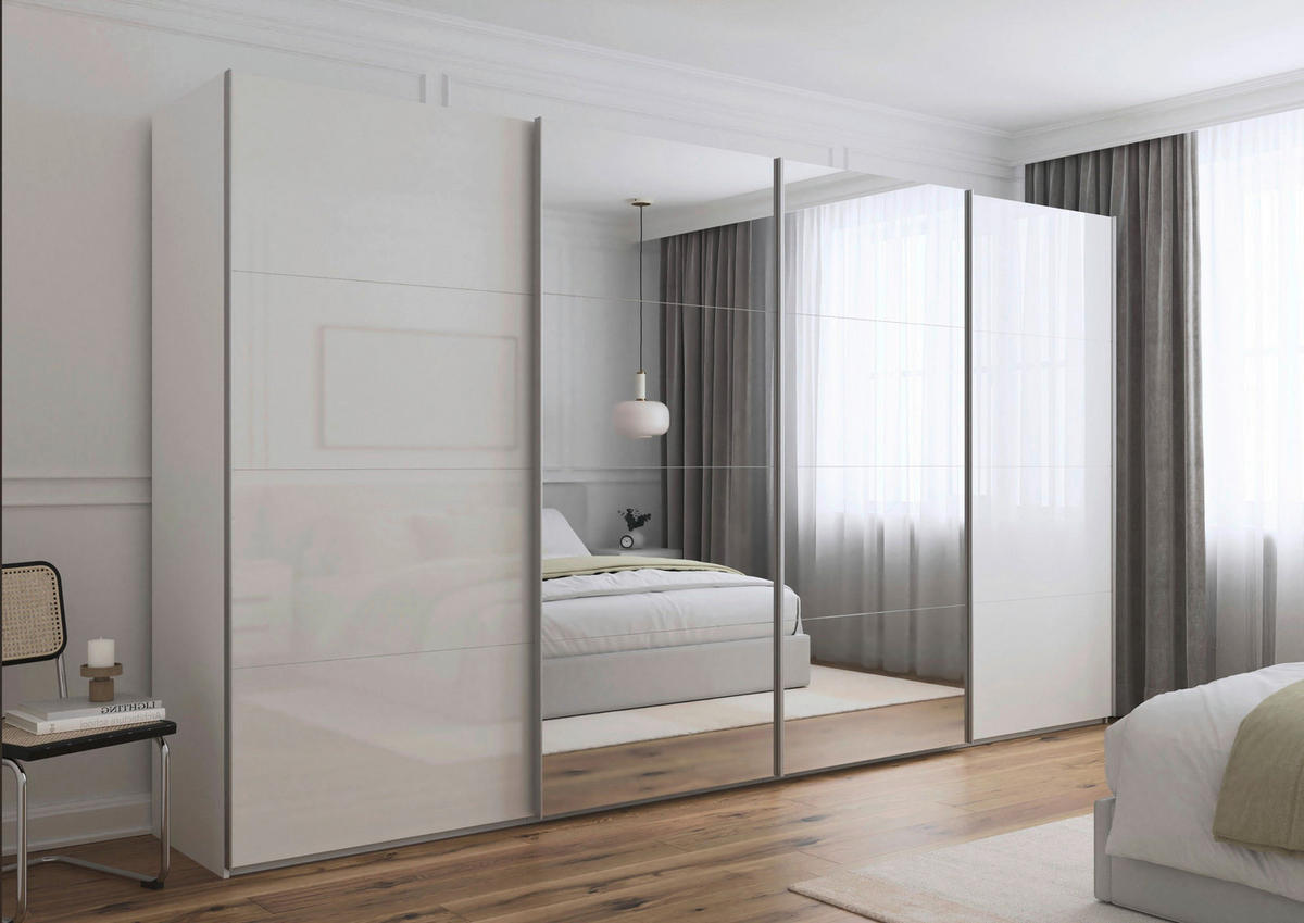 SCHWEBETÜRENSCHRANK 400/223/68 cm 4-türig Weiß  - Alufarben/Weiß, Basics, Glas/Holzwerkstoff (400/223/68cm) - Novel